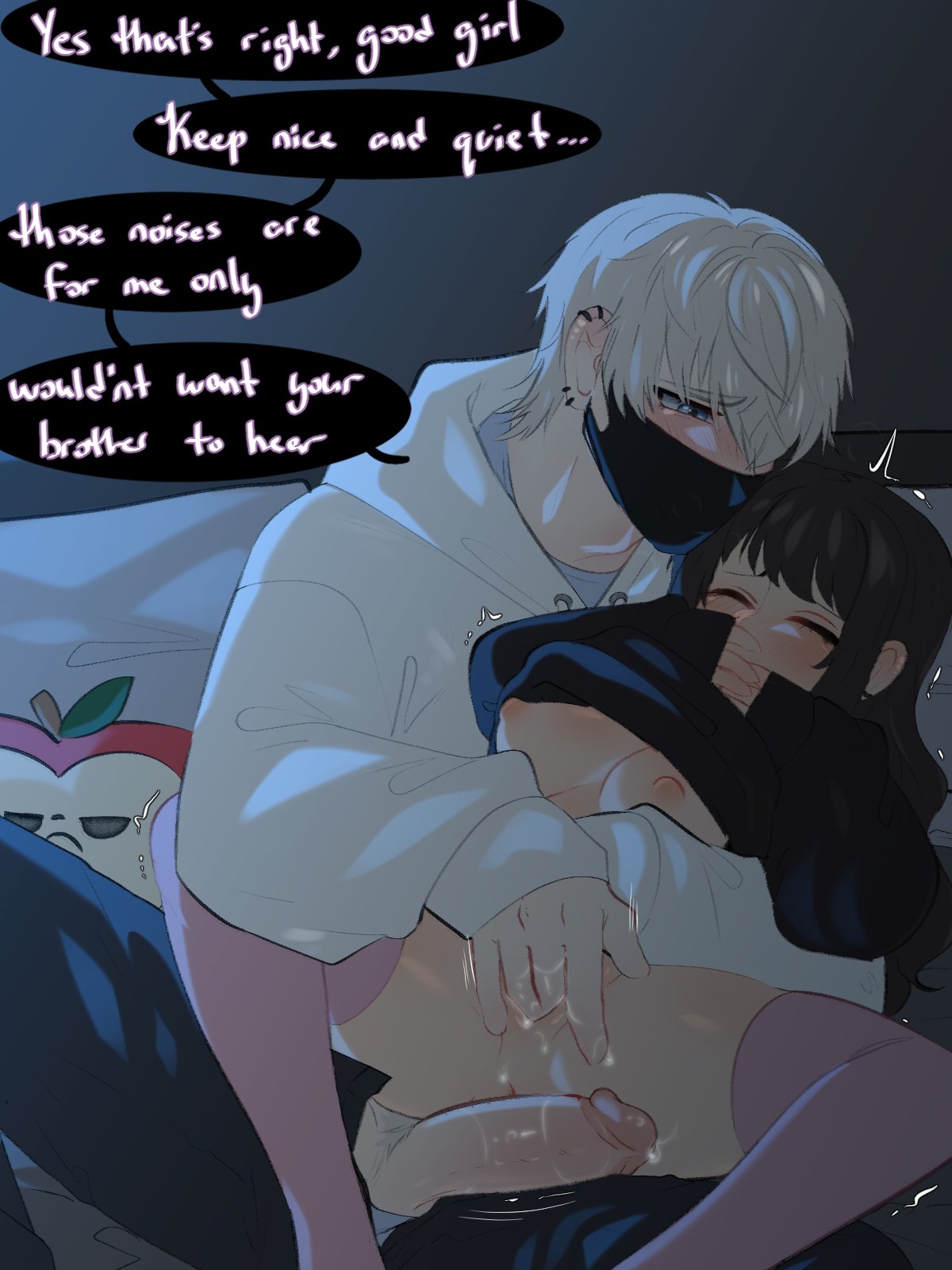 1boy, 1girls, 2d (artwork), blue eyes, covering mouth, fingering, fingering partner, love and deep space, mask, penetration, precum, pussy juice, shirt lift, silver hair, stalker, text bubble, xavier (love and deep space)