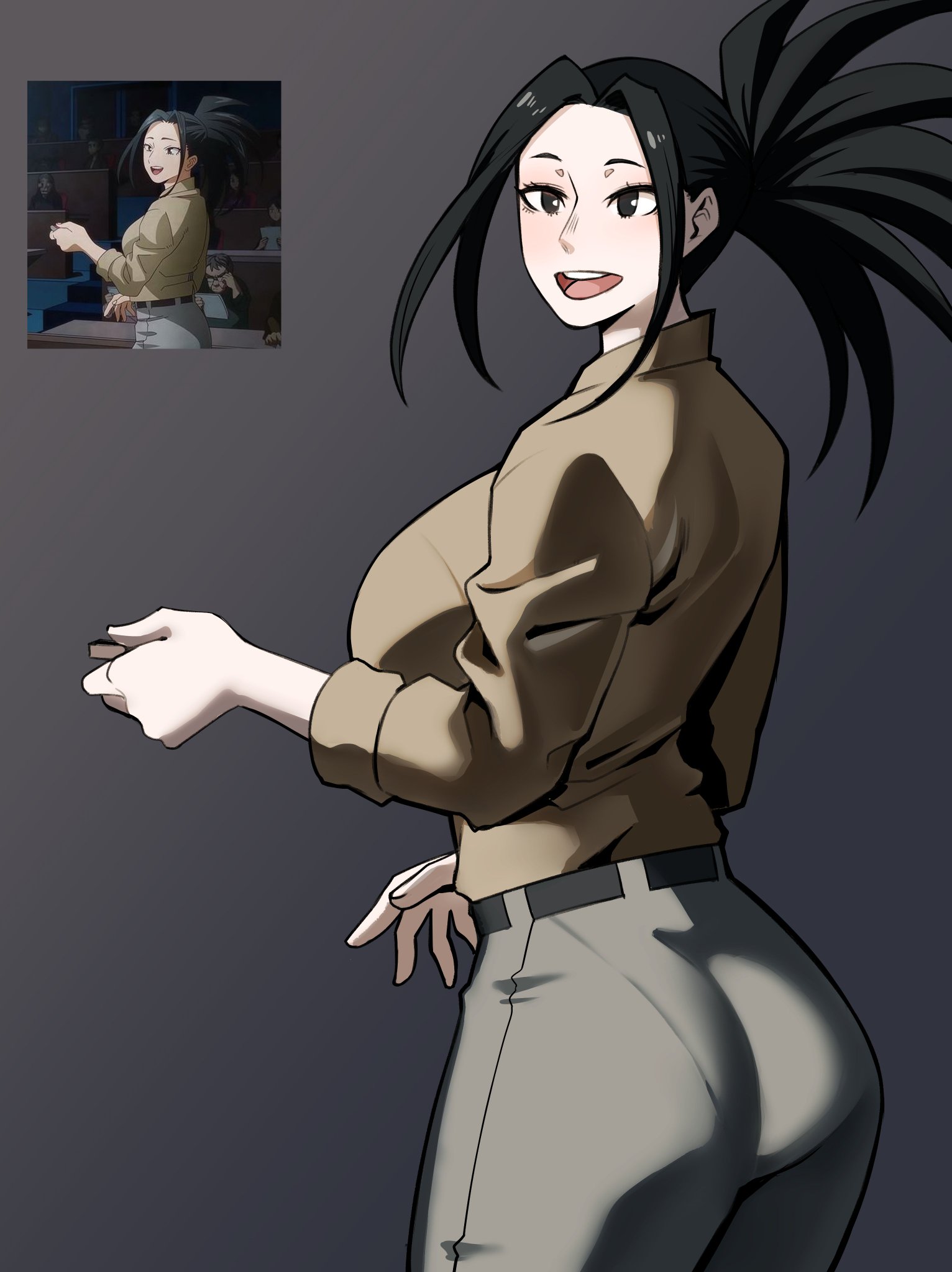 1girls, ass, big ass, boku no hero academia, boku no hero academia (finale), breasts, canon, canonical scene, clothing, deaf (artist), fat ass, female, female only, gluteal fold, huge breasts, large ass, momo yaoyorozu, my hero academia, my hero academia (finale), official alternate costume, post-timeskip, reference image, screenshot insert, shounen jump, side view, solo, thick ass, thick thighs, thunder thighs, time skip, wide hips, yaoyorozu momo