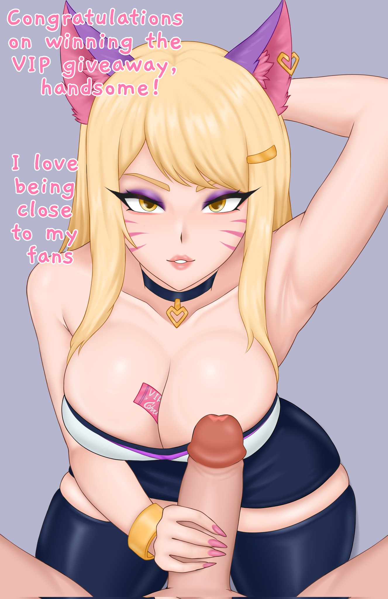 1boy, 1boy1girl, 1girls, ahri, ahri (league of legends), armpit fetish, armpits, arms up, big breasts, black choker, blonde female, blonde hair, bracelet, cat ears, choker, collar, earrings, english text, face markings, fox ears, fox girl, handjob, k/da ahri, k/da series, kda ahri, kitsune, league of legends, league of legends: wild rift, legs, lipstick, lipstick mark, long hair, looking at viewer, makeup, mommy, mommy kink, nail polish, on knees, penis, pov, riot games, scarabeo, scarabeo k, sexy eyes, smile, teeth, thick thighs, ticket, vip, vip room, yellow eyes