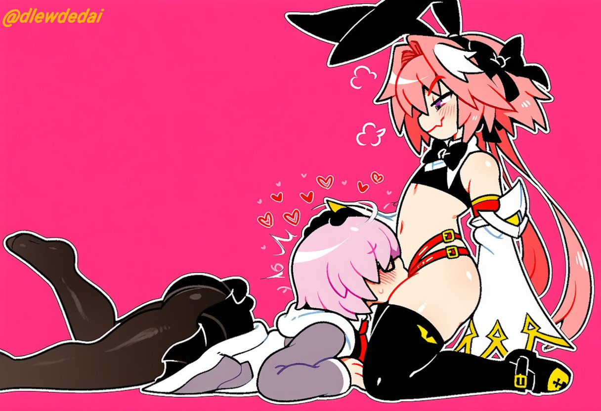 1boy, 1girls, ai assisted, ai generated, astolfo (fate), astolfo (saber) (fate), deepthroat, dlewdedai, fate (series), fate/grand order, femboy, femboy on female, femboydom, hand on head, mash kyrielight, on stomach