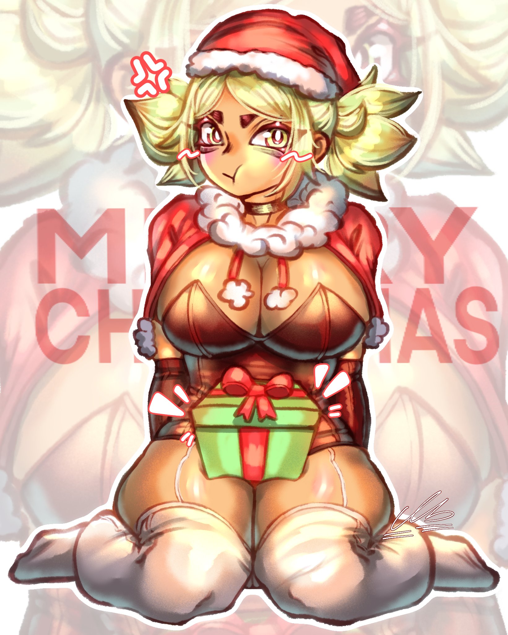 annoyed, blonde hair, blush, bodysuit, brawl stars, breasts, cape, choker, christmas, cleavage, female, female only, gift, gloves, hat, headgear, kneeling, looking at viewer, mandy (brawl stars), north string, ponytail, santa hat, stockings, tagme, thick thighs, tied hair, voluptuous, wide hips, yellow eyes