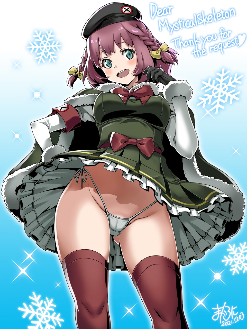 1girls 2021 aqua_eyes beatriz_(metal_slug) beret blush braid breasts cape clothes_lift coat commission dress female gloves green_dress green_eyes groin highres looking_at_viewer macaroni_hourensou metal_slug metal_slug_attack military military_uniform nipples_visible_through_clothing panties pink_hair pussy_visible_through_clothes red_legwear red_ribbon ribbon short_hair side-tie_panties skeb_commission skirt skirt_lift smile snk snow solo thighs twin_braids underwear white_panties wind wind_lift winter_clothes winter_coat