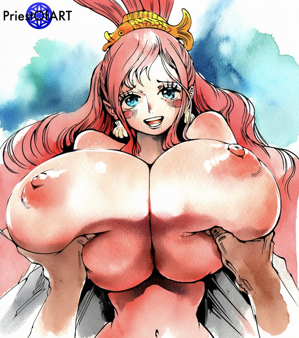 1boy, 1girls, ai generated, big breasts, blue eyes, blush, busty, completely nude, completely nude female, deep skin, embarrassed, female, gigantic breasts, grabbing own breast, huge breasts, large breasts, male, mermaid, nipples, one piece, pink hair, pov, pov male, priestofart, shiny, shirahoshi, simple background, upper body, watercolor (artwork), watermark, white background