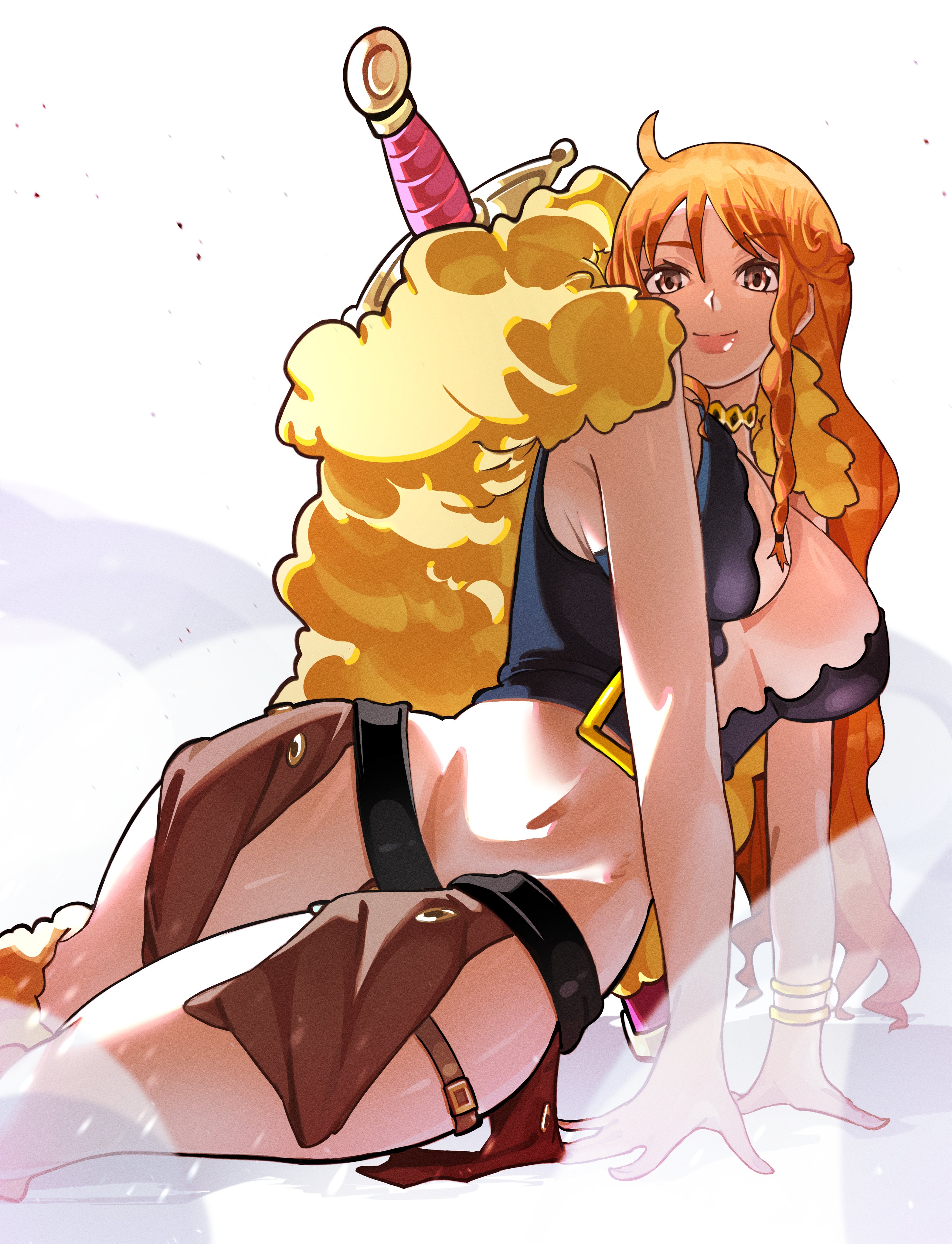 1girls, big breasts, breasts, busty, cleavage, curvy, female, female only, fur cape, long hair, looking at viewer, midriff, nami (one piece), one piece, one piece: elbaf arc, orange hair, orange-haired female, skimpy, skimpy clothes, skirt, solo, sscarlet art, wide hips