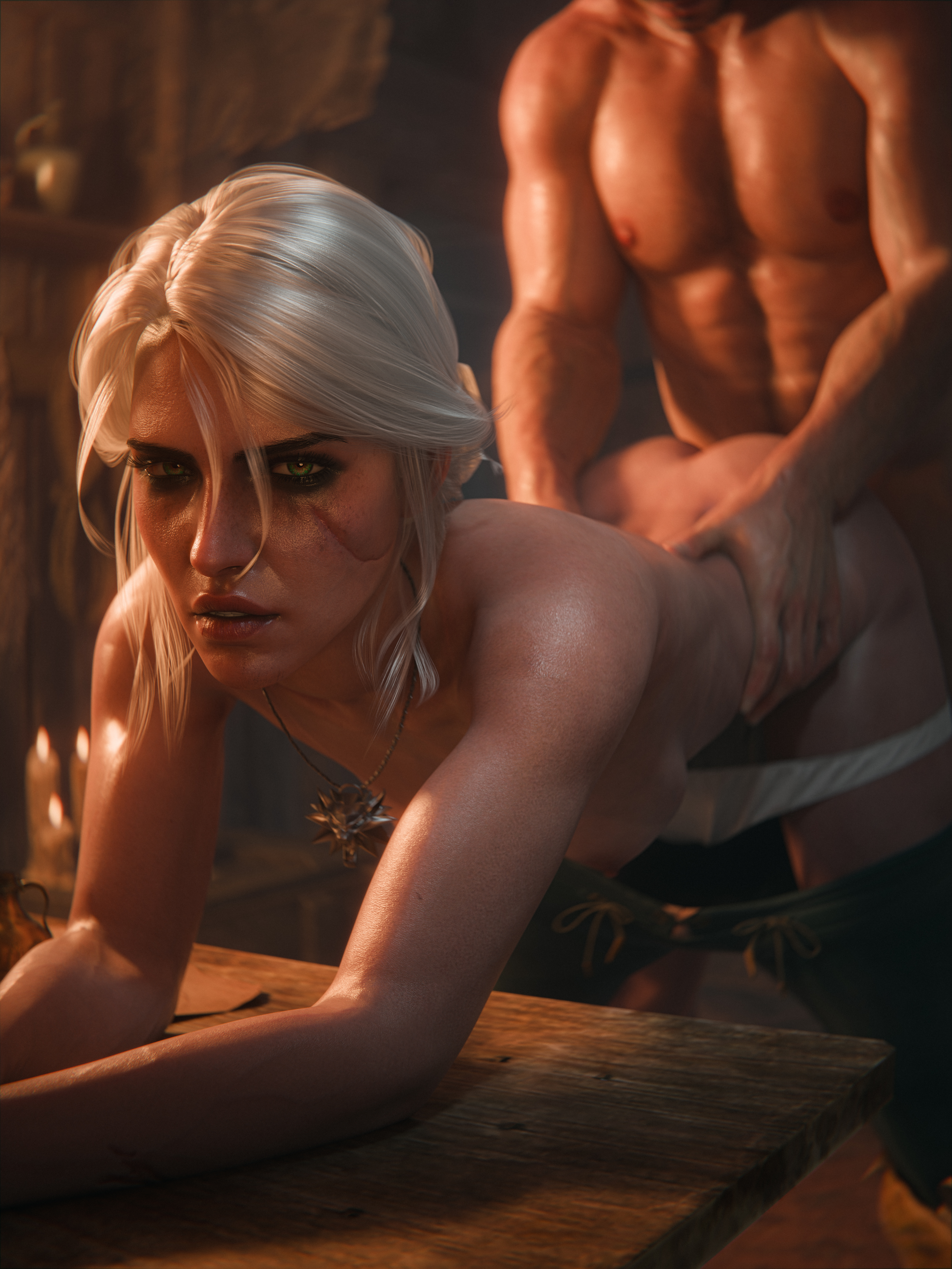 1boy, 1girls, 3d, cd projekt red, ceeeeekc, ciri, completely nude, doggy style, female, light skin, light-skinned female, light-skinned male, male, no watermark, nude, pants down, penetration, scar, sex, the witcher (series), the witcher 3: wild hunt, vaginal penetration, white hair, witcher medallion