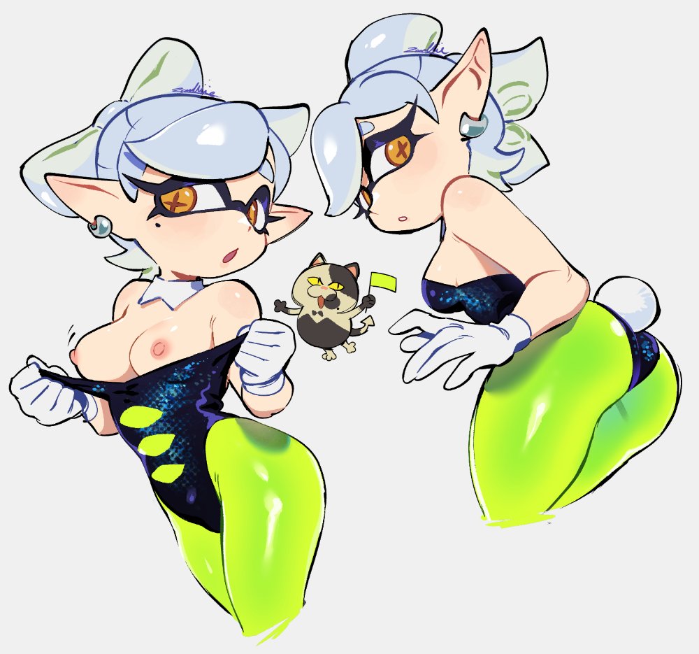 bunny tail, female, marie (splatoon), pantyhose, revealing breasts, solo, splatoon, xxxambiie