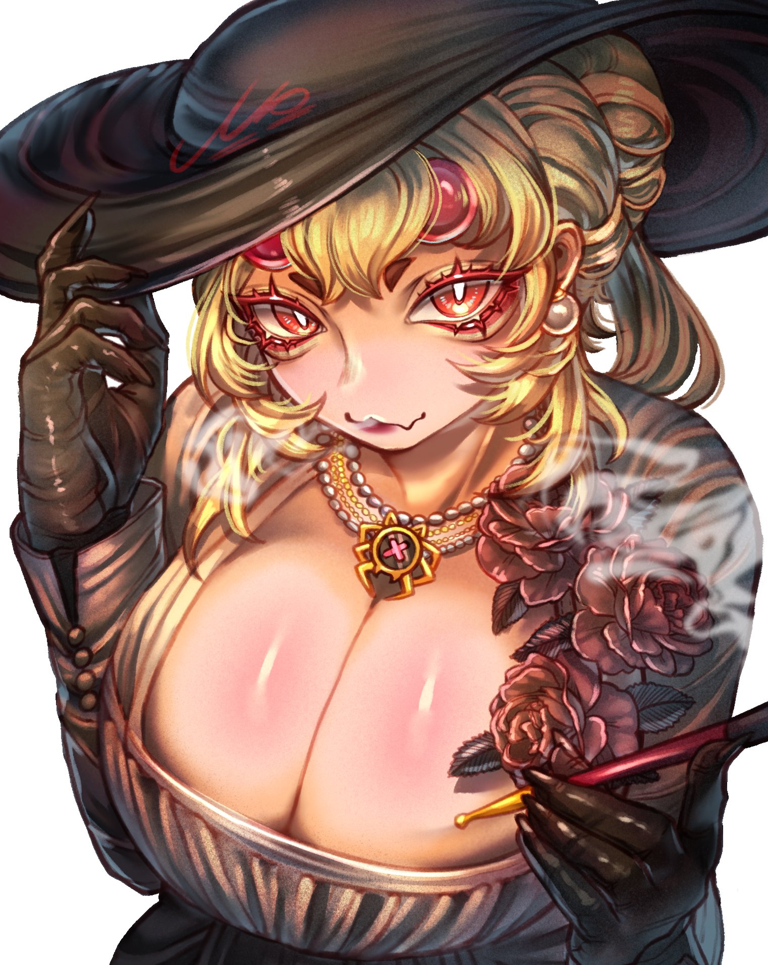 alcina dimitrescu (cosplay), blonde hair, brawl stars, breasts, charlie (brawl stars), cleavage, dress, female, female only, gloves, hat, headgear, holding object, large breasts, looking at viewer, makeup, necklace, north string, red eyes, resident evil, seductive, smoking, tagme, tied hair