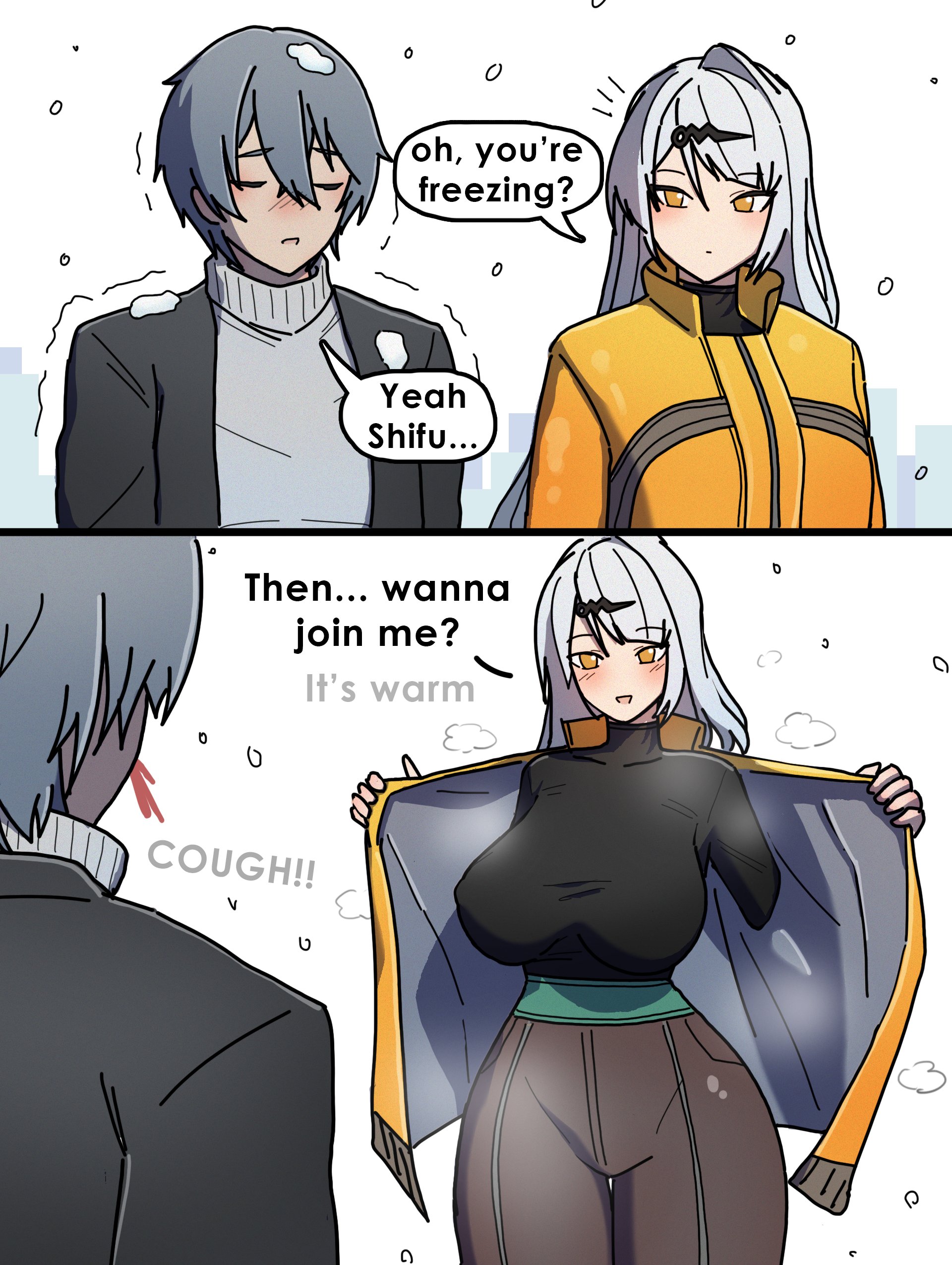 1boy1girl, blood, breasts, clothed, clothing, cloud, cold, conversation, curvy, curvy figure, dorahdew, full body, fully clothed, text, thick thighs, thighs, wise (zenless zone zero), yixuan (zenless zone zero), zenless zone zero