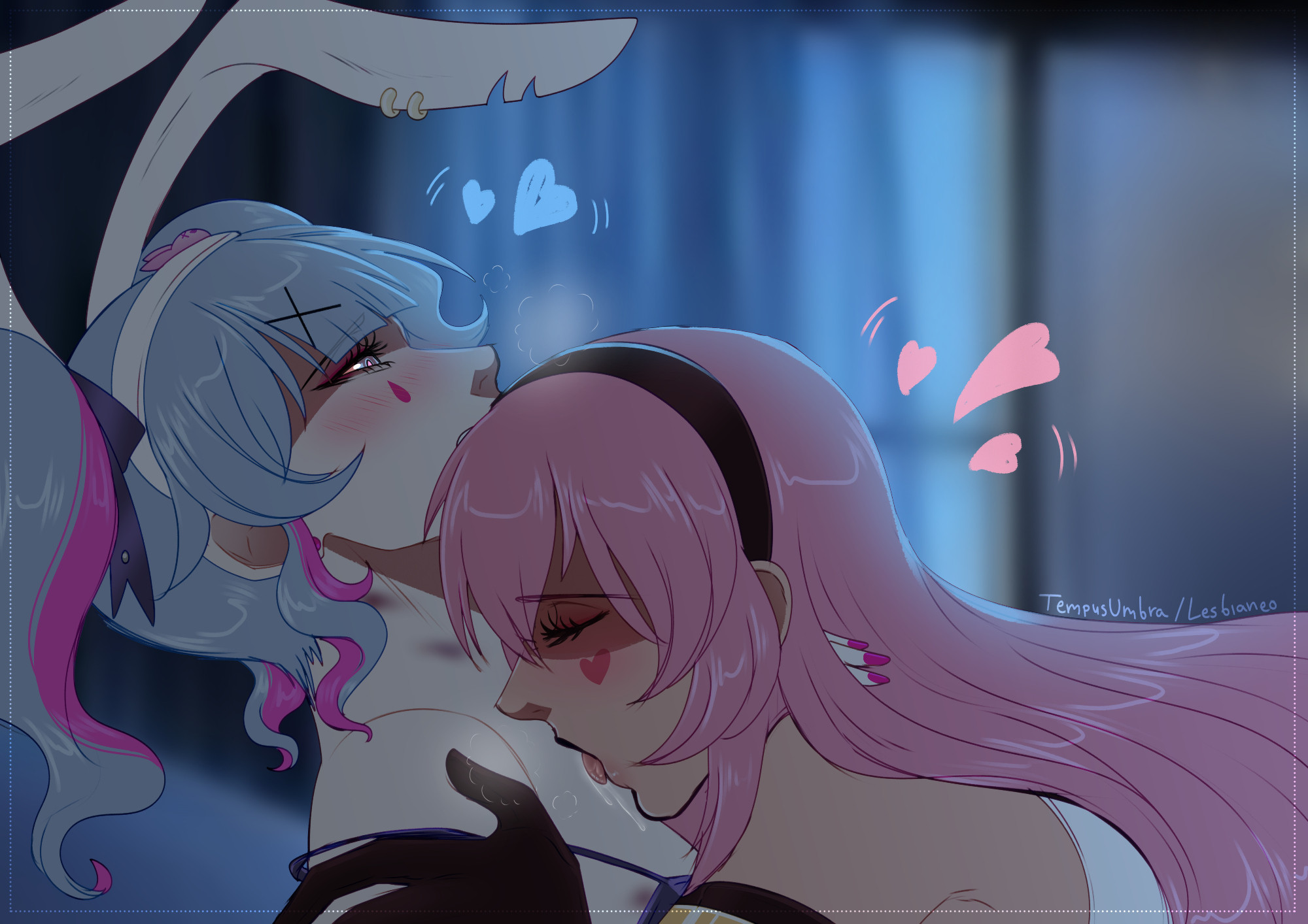 2girls, animal ears, artist name, biting, blue hair, blush, body worship, bunny ears, bunny girl, closed eyes, facial mark, female only, female/female, foreplay, gloves, hairband, hatsune miku, headband, heart, hickey marks, hickeys, hickeys on neck, imminent sex, intimacy, intimate, kissing chest, lesbian couple, lesbian sex, licking, lipstick mark, long hair, love bite, megurine luka, miku hatsune, multicolored hair, multiple girls, mv character, nail polish, open mouth kiss, passionate, pink hair, pink nails, rabbit ears, rabbit hole (vocaloid), saliva, strap slip, streaked hair, tempusumbra, tempusumbra (artist), tongue, tongue out, twintails, undressing, vocaloid, woman only, women only, yuri