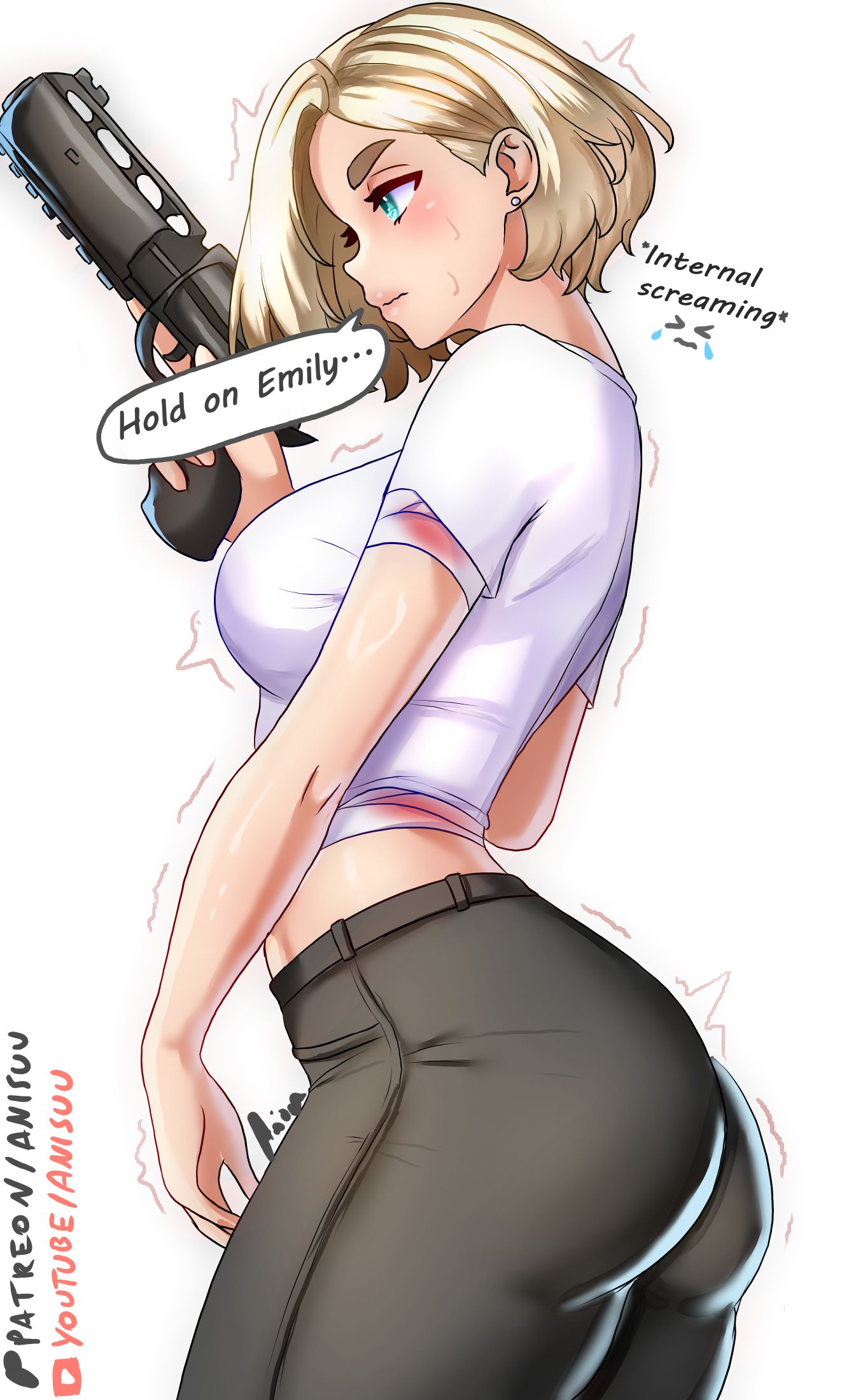 1girls, anisdrawn, ass, breasts, clothing, female, female focus, female only, firearm, grace ashcroft, grace ashcroft (julia pratt), gun, handgun, large ass, large breasts, light skin, light-skinned female, nonsexual, requiem (gun), resident evil, resident evil 9: requiem, revolver, solo, thick thighs, thighs, weapon, wide hips