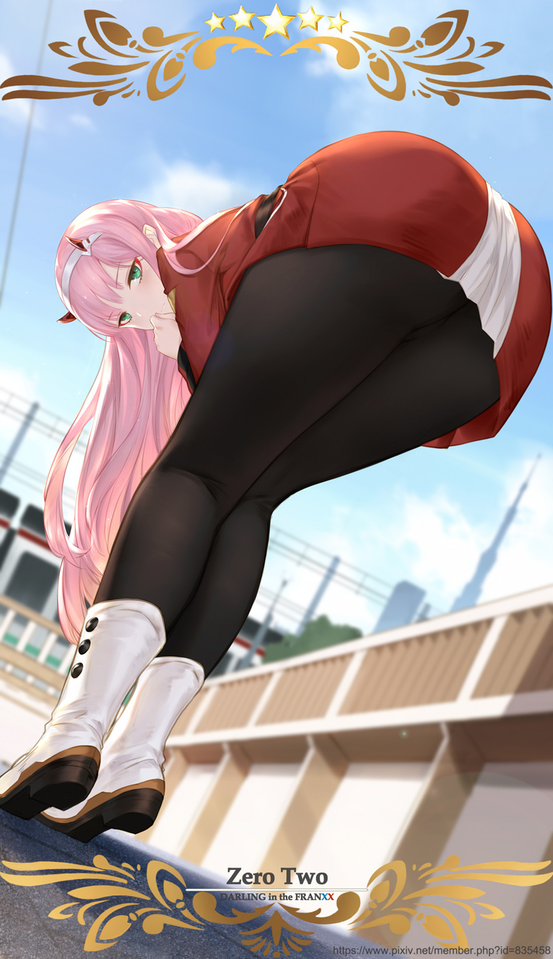1girls, 2d, ass, bent over, darling in the franxx, female, leggings, pose, shoes, solo, teasing, thighs, upskirt, yijian ma, zero two (darling in the franxx)