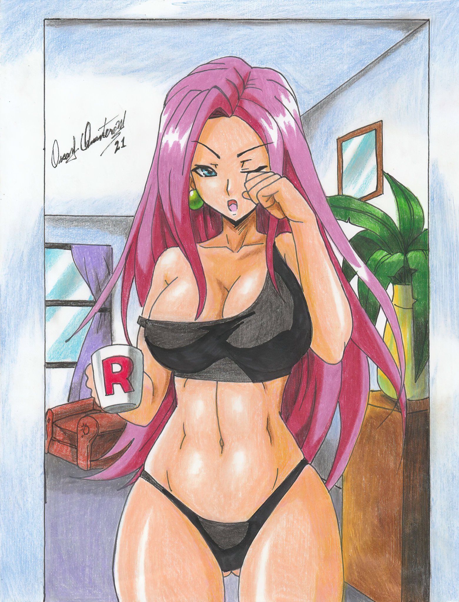 1girls, 2021, alternate breast size, bare thighs, big breasts, blue eyes, breasts, cleavage, female, hair down, huge breasts, jessie (pokemon), long hair, navel, pencil (artwork), pokemon, purple hair, ravern clouk, solo, solo female, tagme, team rocket, thick thighs, thigh gap, yawn