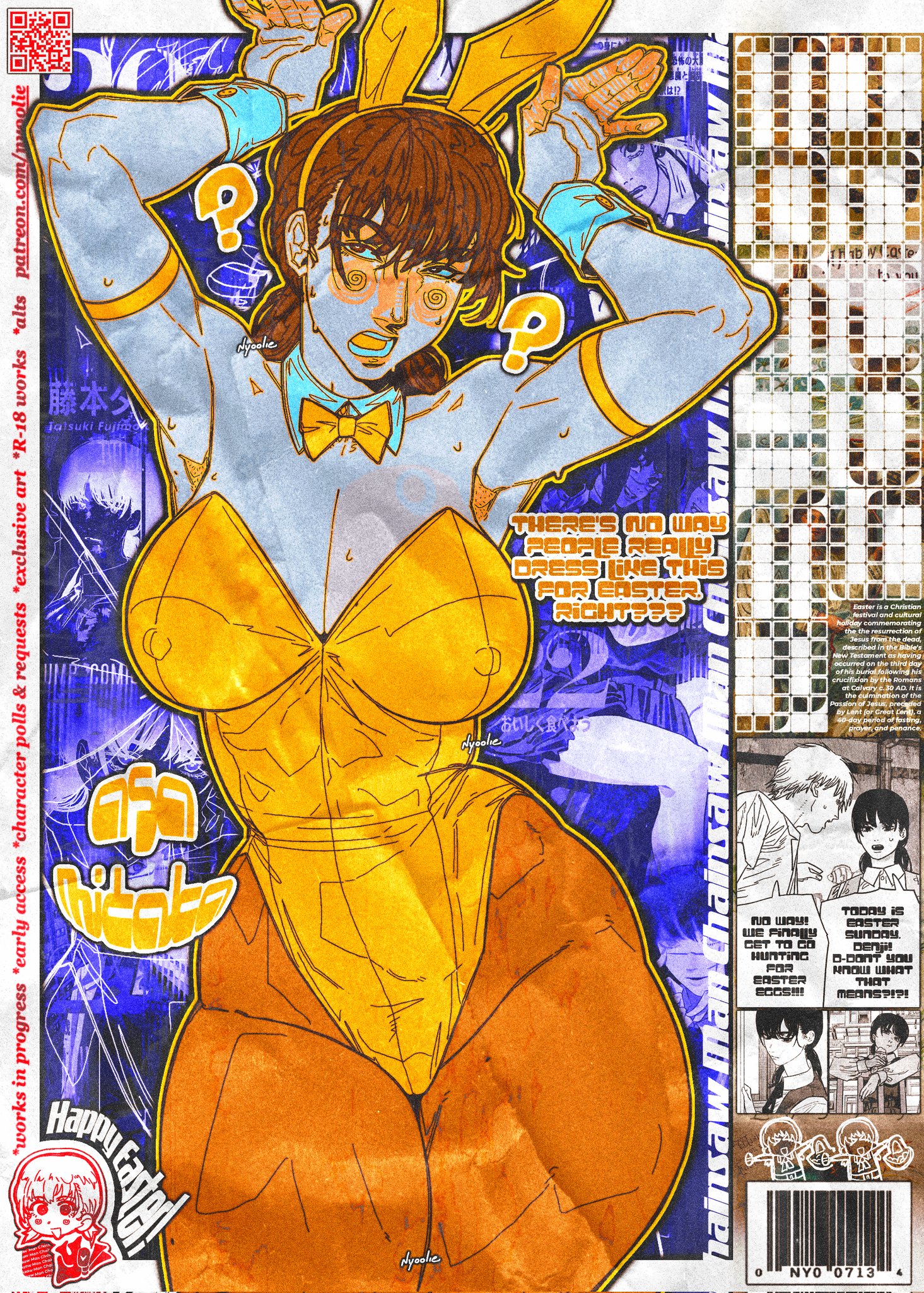 1girl, 2d, 2d (artwork), ahegao, alternate breast size, ass focus, bent over, big breasts, blush, brown hair, bunny costume, bunny ears, bunny girl, bunny suit, bunnysuit, chainsaw man, cleavage, curvy, dizzy eyes, drool, easter, embarrassed, english text, female, happy easter, highleg leotard, huge breasts, large breasts, leotard, mitaka asa, nyoolie, open mouth, orange leotard, playboy bunny, question mark, ripped clothes, shiny skin, short hair, solo, speech bubble, spiral eyes, standing, strapless leotard, sweat, text, thick thighs, tongue out, torn clothes, wet skin, wide hips