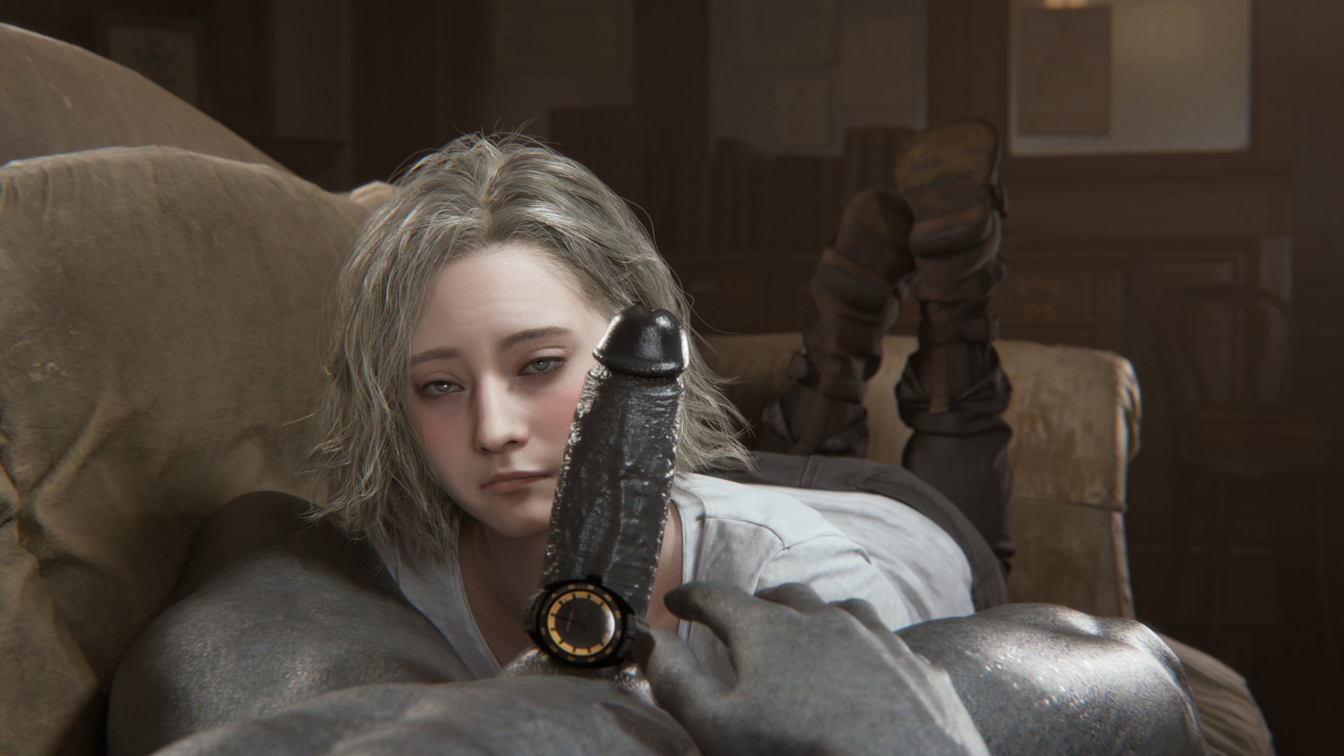 blonde hair, bluelight, blush, blushing, clothed, clothed female nude male, cockwatch, couch, couch sex, grace ashcroft, grey eyes, large penis, penis, penis on face, pov, pov eye contact, resident evil, resident evil 9: requiem, tyrant, watch, watch on cock, wristwatch on cock