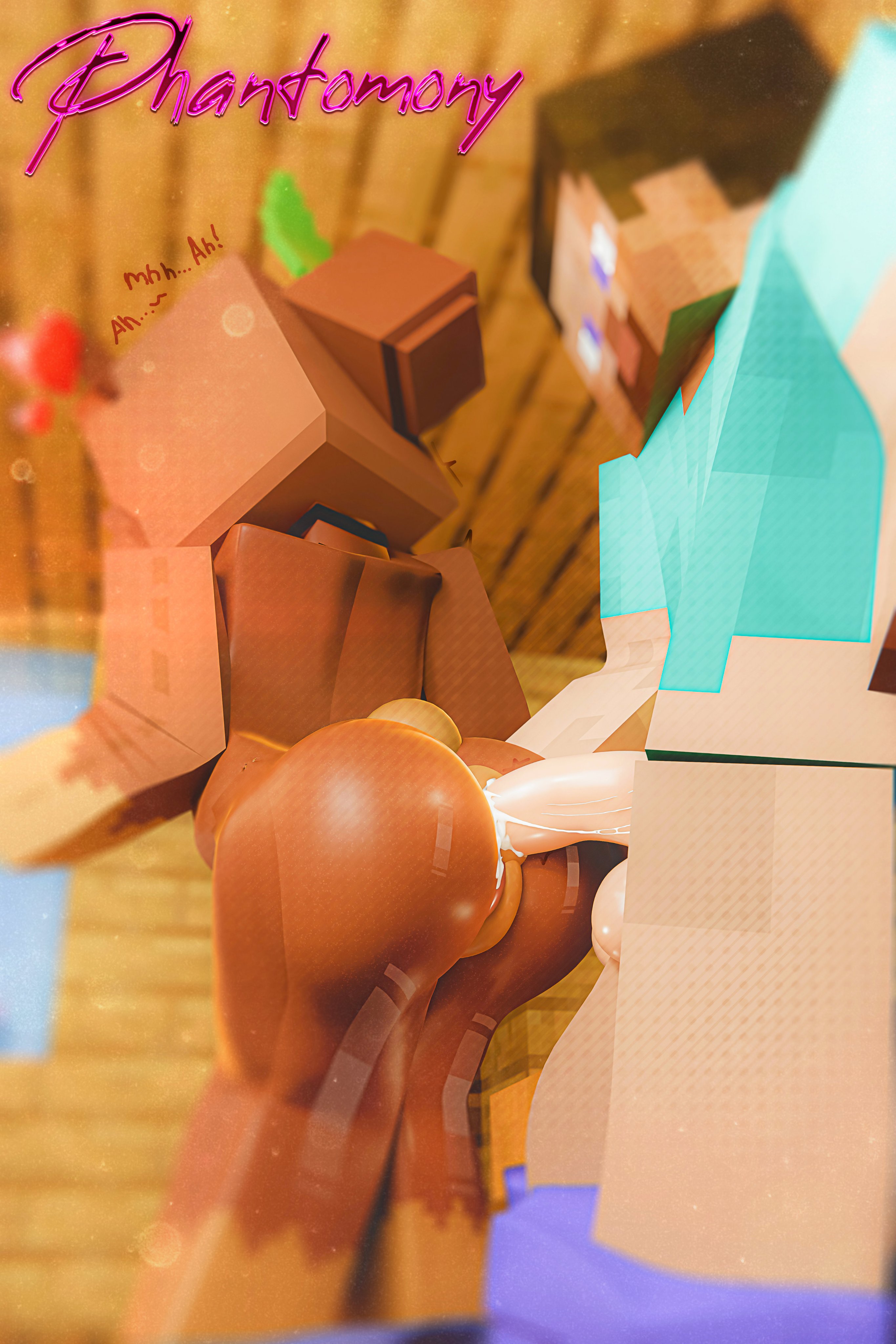 1boy, 3d, 3d (artwork), anal, anal sex, ass, behind view, bia prowell (slipperyt), big ass, cum, cum in ass, cum inside, female, from behind, from behind position, leaf, minecraft, penis, penis in ass, phantomony, plushie, slipperyt, steve (minecraft), tail, teddy bear