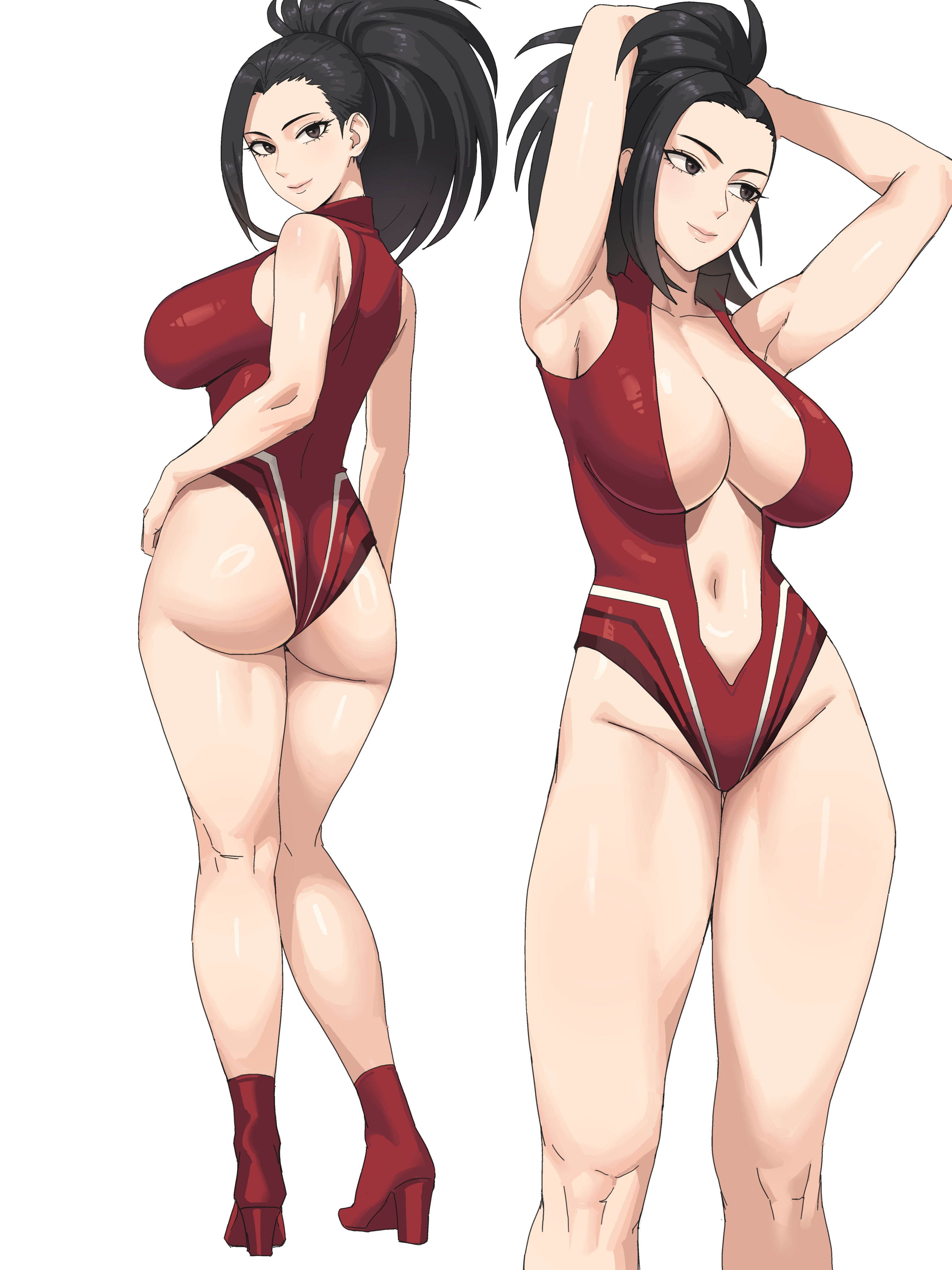 1girls, arms behind head, ass, ass shot, back, back view, backboob, big ass, big breasts, black eyes, black hair, breasts, cleavage, female, female only, footwear, full body, hair, heels, huge breasts, ksksksa, legs, leotard, momo yaoyorozu, my hero academia, red leotard, revealing clothes, skimpy, skimpy clothes, solo, solo female, superhero costume, superheroine, thick thighs, thighs