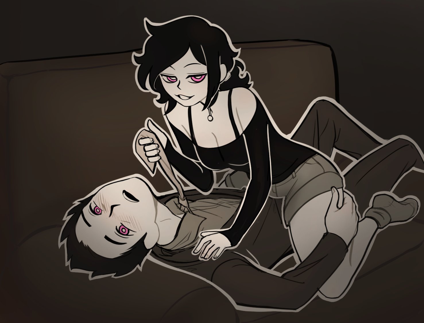 ashley graves, black hair, blushing, blushing male, choker, cleavage, couch, daughter, discordmf, douglas graves, exposed shoulders, father, father and daughter, female on top, hand on thigh, holding tie, incest, pink eyes, ponytail, shorts, sitting on another, sitting on person, smug, socks, the coffin of andy and leyley, tie