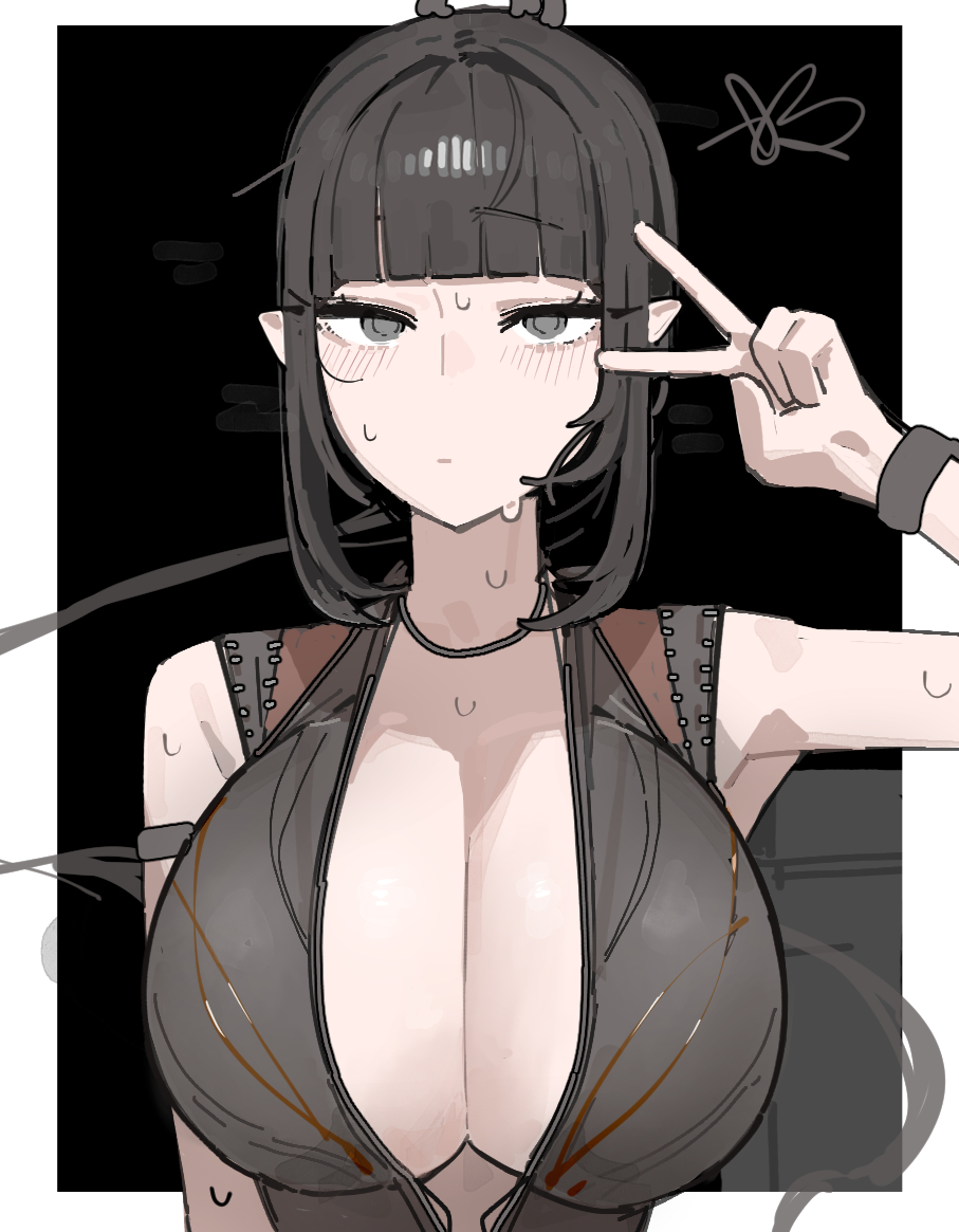 1girls, 2026, 2d, 2d (artwork), azz0422, baldur's gate, baldur's gate 3, bare arms, big breasts, black background, black hair, breasts, clothed, clothing, color, colored, digital media (artwork), dress, dungeons and dragons, female, female only, front view, grey eyes, hair, hi res, huge breasts, large breasts, larian studios, light skin, light skinned female, looking at viewer, shadowheart, simple background, solo, sweat, sweatdrop, upper body, v, v sign, white background