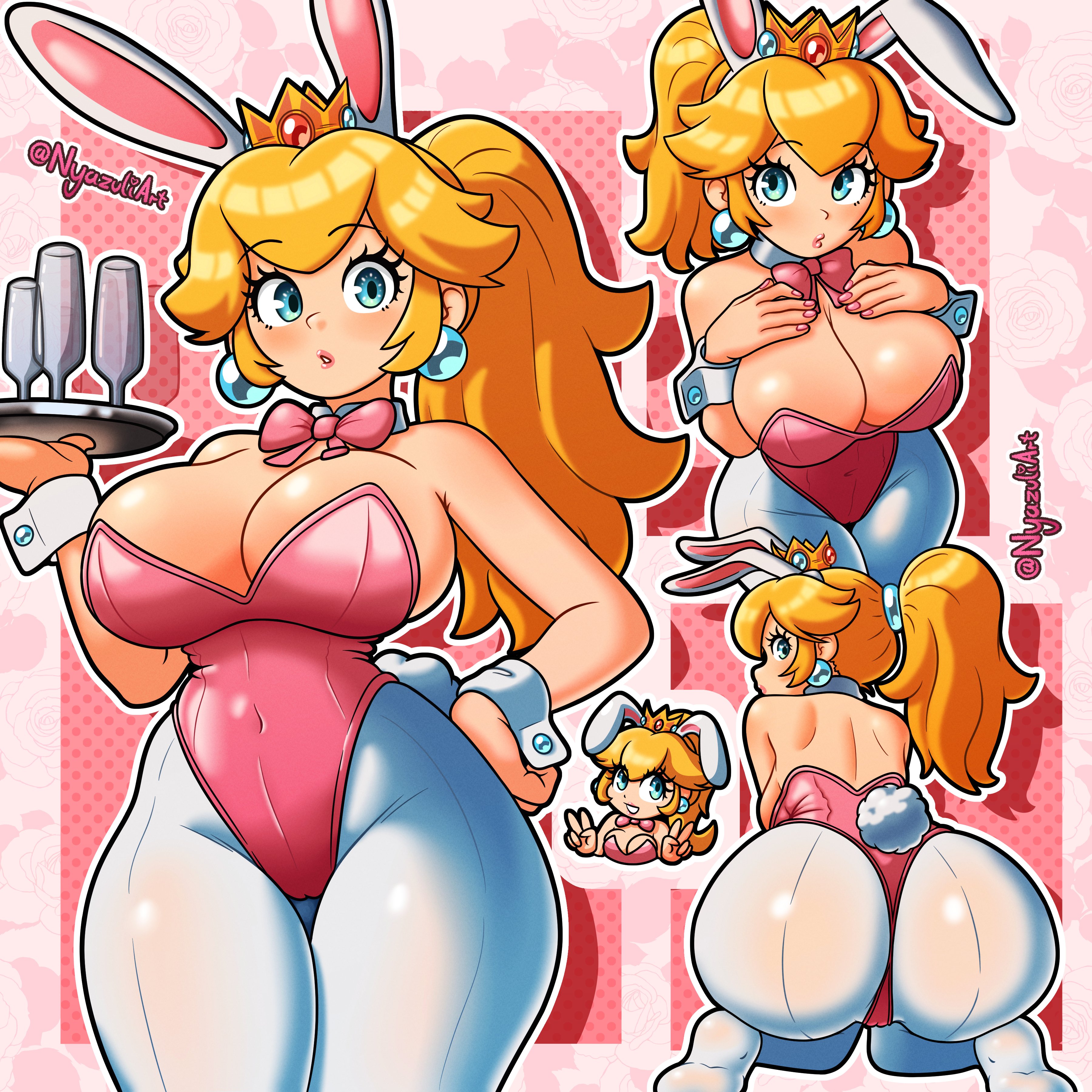 ass, ass focus, big ass, big breasts, blush, blushing at viewer, bowtie, bowtie collar, breasts, breasts bigger than head, bunny ears, bunny girl, bunny tail, bunnysuit, cameltoe, cleavage, hands on breasts, hips, hips wider than shoulders, kneeling, leggings, leotard, looking at viewer, looking behind, looking up, looking up at viewer, mario (series), nyazuliart, princess peach, serving drink, serving tray, sitting, thick ass, thick thighs, thighs, wide hips