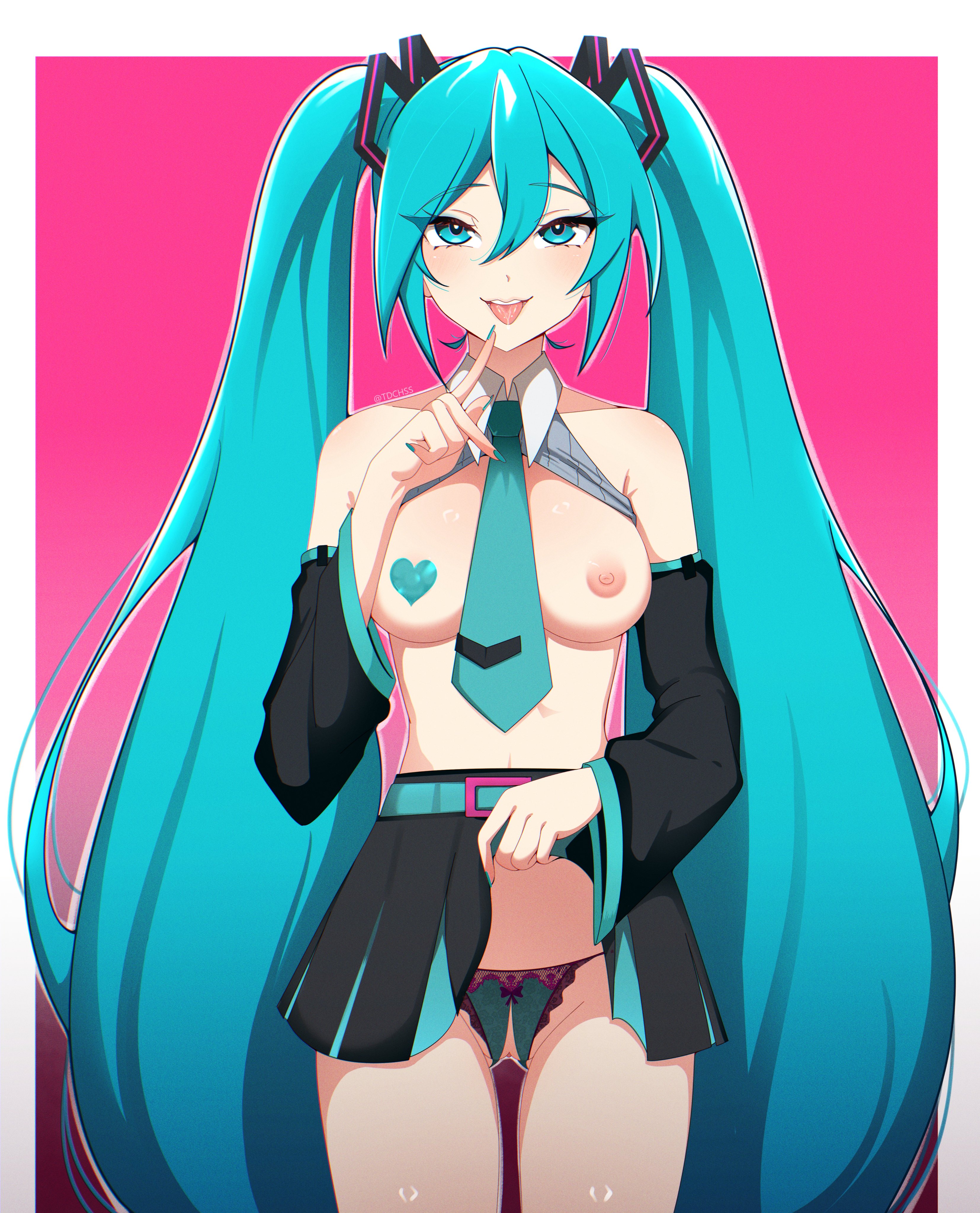1girl, 1girls, aqua eyes, aqua hair, aqua nails, aqua necktie, ass visible through thighs, bare shoulders, between breasts, black skirt, blue eyes, breasts, clothes lift, cowboy shot, crotchless, crotchless panties, detached sleeves, female, female only, hair between eyes, hatsune miku, heart pasties, idol, lifted by self, light skin, light-skinned female, long hair, looking at viewer, medium breasts, nail polish, necktie, necktie between breasts, nipple pasties, nipples, open mouth, panties, pasties, pink background, pussy, sega, skirt, skirt lift, smile, solo, tdchss, tongue, tongue out, twintails, underwear, very long hair, vocaloid