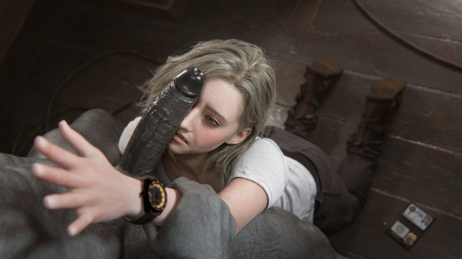 blonde hair, bluelight, clothed, clothed female nude male, coercion, grace ashcroft, grey eyes, holding wrists, large penis, on knees, penis, penis on face, resident evil, resident evil 9: requiem, tyrant