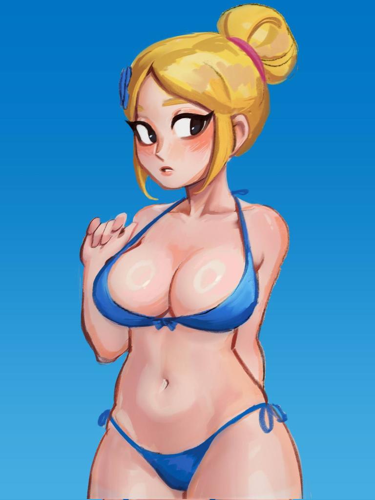 bare shoulders, bikini, black eyes, blonde hair, blush, brawl stars, breasts, cleavage, female, female only, headgear, looking away, navel, piper (brawl stars), tagme, tagme (artist), thick thighs, tied hair, voluptuous, wide hips