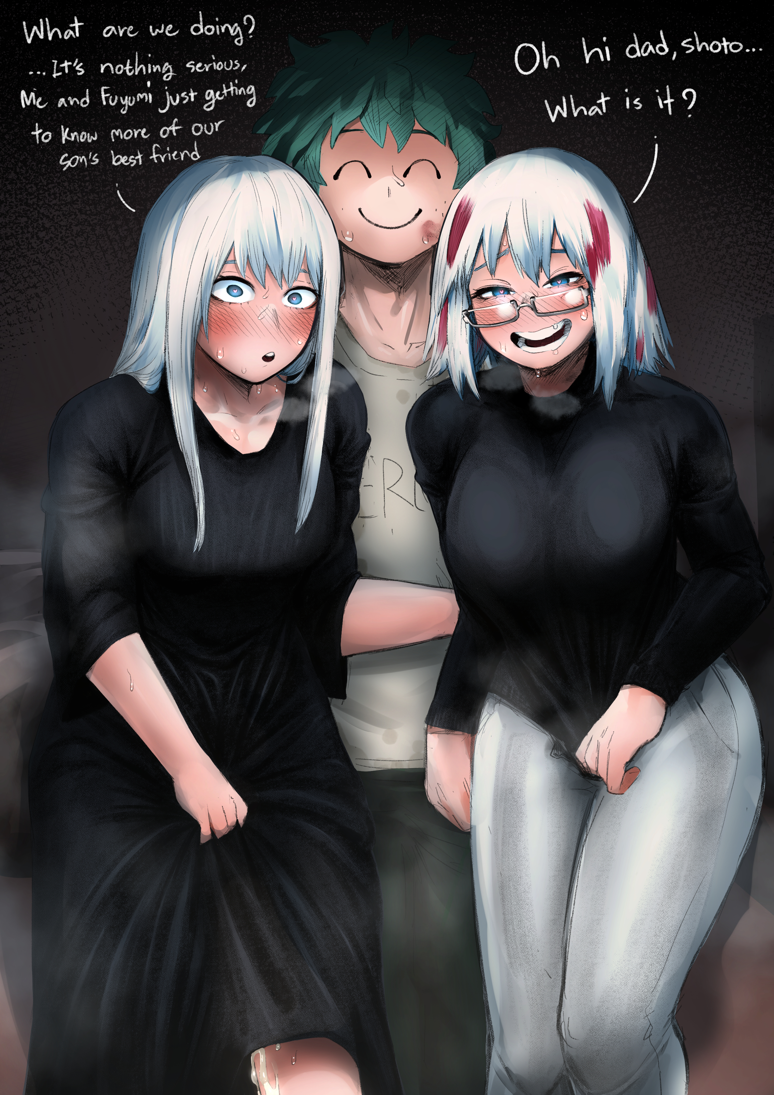 1boy, 2girls, amano44, big breasts, blue eyes, blush, breasts, color, colored, corruption, english text, female, fuyumi todoroki, glasses, green hair, izuku midoriya, long hair, looking at viewer, male, milf, mother, mother and daughter, multicolored hair, my hero academia, oyakodon, rei todoroki, smile, sweat, text, white hair