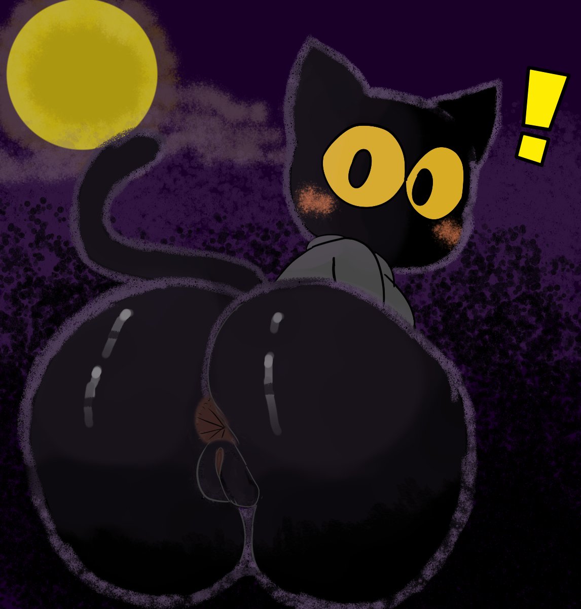 ! anthro anus ass bent_over big_butt big_eyes black_body black_eyes black_fur black_tail blush bottomless bottomless_female cat_tail clothed clothing cloud darky03 domestic_cat felid feline felis female fur furry furry_only genitals glistening glistening_butt google google_doodle grey_clothing grey_topwear hi_res huge_butt looking_at_viewer looking_back magic_cat_academy mammal momo_(google) moon mostly_nude mouthless night noseless outside partially_clothed presenting presenting_anus presenting_hindquarters presenting_pussy purple_sky pussy raised_tail rear_view rosy_cheeks sky solo tail thick_thighs topwear yellow_sclera