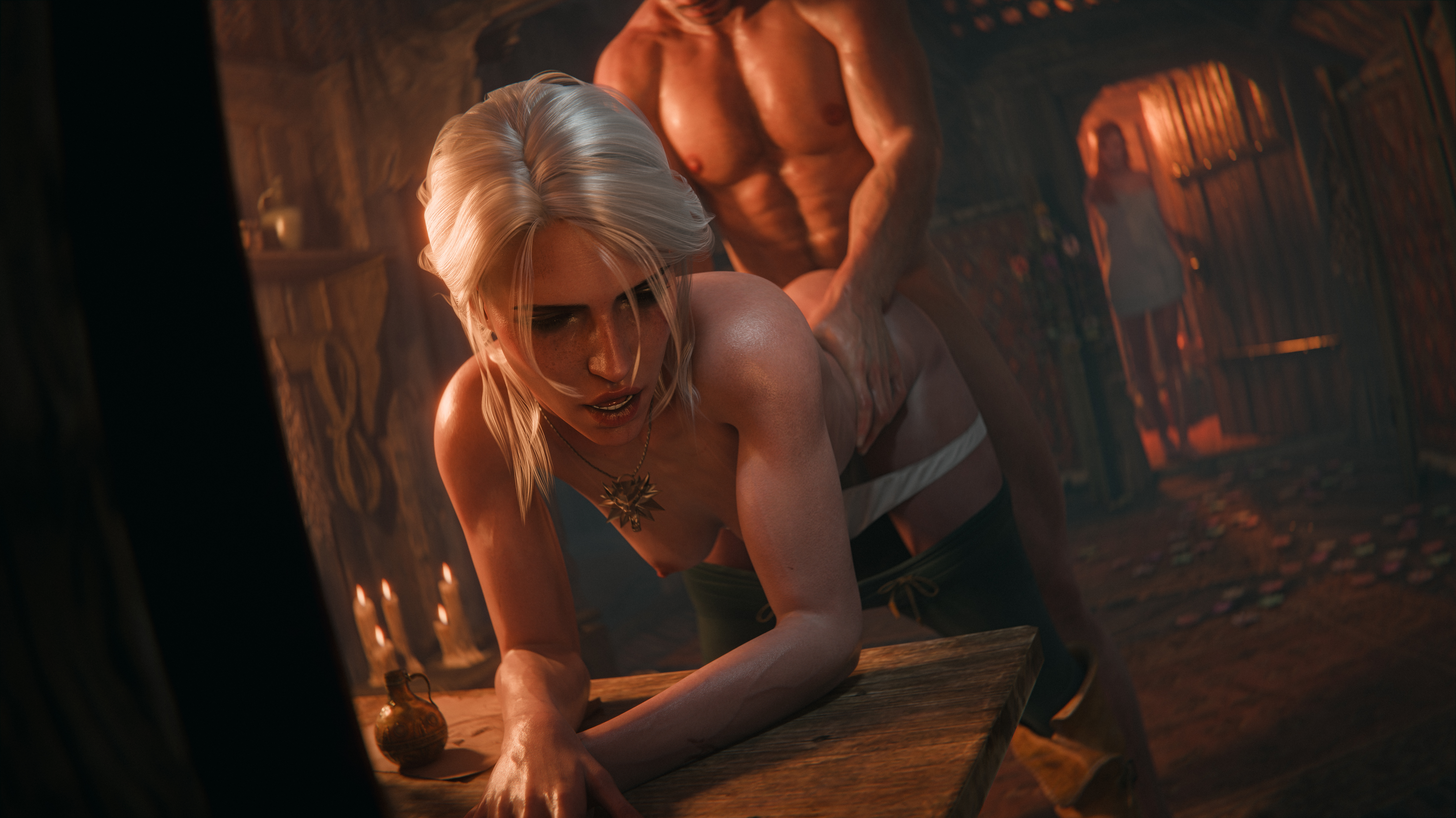 1boy, 1girls, 3d, cd projekt red, ceeeeekc, ciri, completely nude, doggy style, female, light skin, light-skinned female, light-skinned male, male, no watermark, nude, penetration, scar, sex, the witcher (series), the witcher 3: wild hunt, vaginal penetration, white hair, witcher medallion