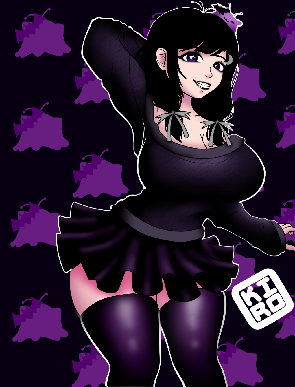 1girls, alternate breast size, alternate hairstyle, armpits, artist request, ass, big ass, big breasts, big butt, black background, black bow, black hair, black legwear, black lipstick, black skirt, black stockings, breasts, brown skin, cleavage, curvy female, emo, female, female only, goth girl, gothic, hair ornament, happy, heart-shaped pupils, huge breasts, indie virtual youtuber, kiroart, latam virtual youtuber, lipstick, looking at viewer, looking back, nimu, nude, pose, purple eyes, smile, solo, source request, thick thighs, thighhighs, twitch, virtual youtuber, wide hips, youtube, youtube hispanic, youtuber girl