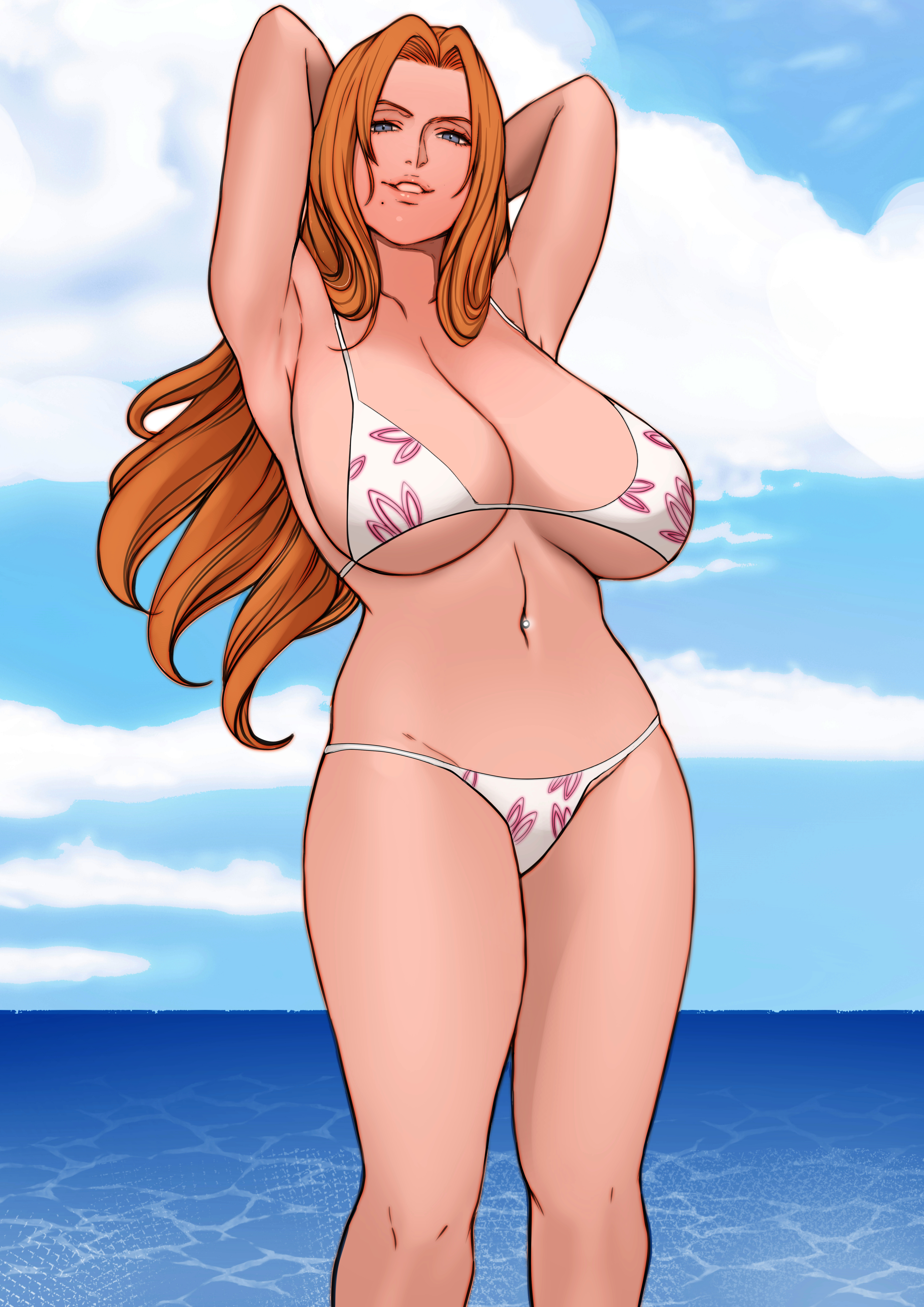 1girls, armpits, arms behind head, arms up, bare arms, bare legs, bare shoulders, beach, big breasts, bikini, bleach, blue eyes, blue sky, breasts, brown hair, cleavage, clouds, female, female only, floral print, huge breasts, jnsdh, landscape, large breasts, light skin, light-skinned female, long hair, looking at viewer, matsumoto rangiku, midriff, ocean, orange hair, outdoors, parted lips, pinup, posing, skin tight, sky, small bikini, smile, solo, swimsuit, voluptuous, water, white bikini, wide hips