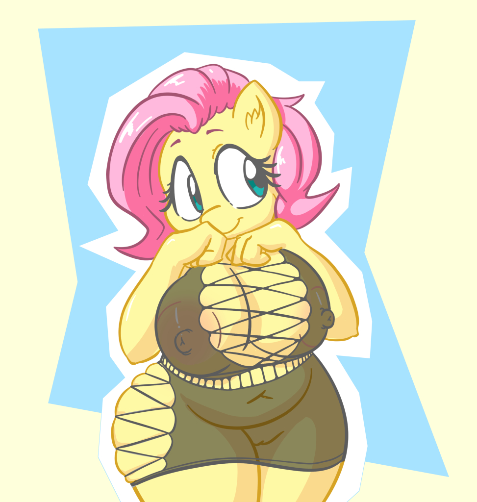 anthro anthrofied big_breasts breasts cleavage clothed clothing equid equine female fluttershy_(mlp) friendship_is_magic hair huge_breasts mammal my_little_pony nipple_bulge nipples pink_hair pokies pussy snus-kun solo straight_hair thick_thighs yellow_body