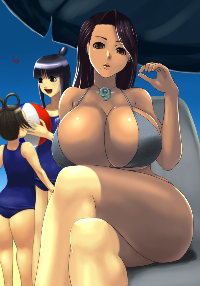 3girls beach bikini birthmark female female_only fully_clothed gigantic_breasts gyakuten_saiban huge_ass huge_breasts magatama magatama_necklace mature mature_female maya_fey mia_fey mole mole_under_mouth pearl_fey swimsuit tenji thick_thighs wide_hips