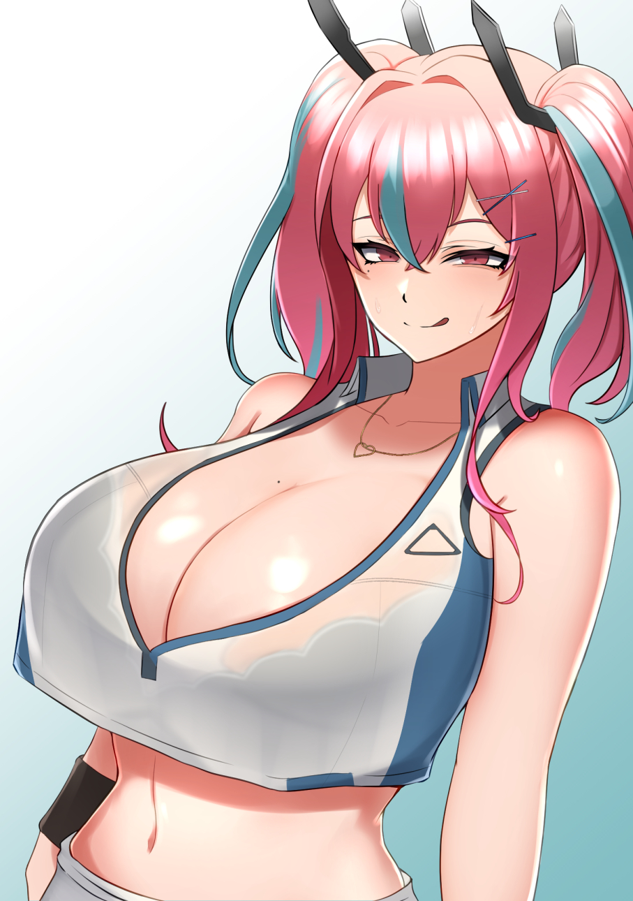 1girls azur_lane big_breasts blue_hair breasts bremerton_(azur_lane) bremerton_(scorching-hot_training)_(azur_lane) female female_focus female_only female_solo light-skinned_female light_skin looking_at_viewer naughty_face pink_hair solo tokitamago tongue two_tone_hair