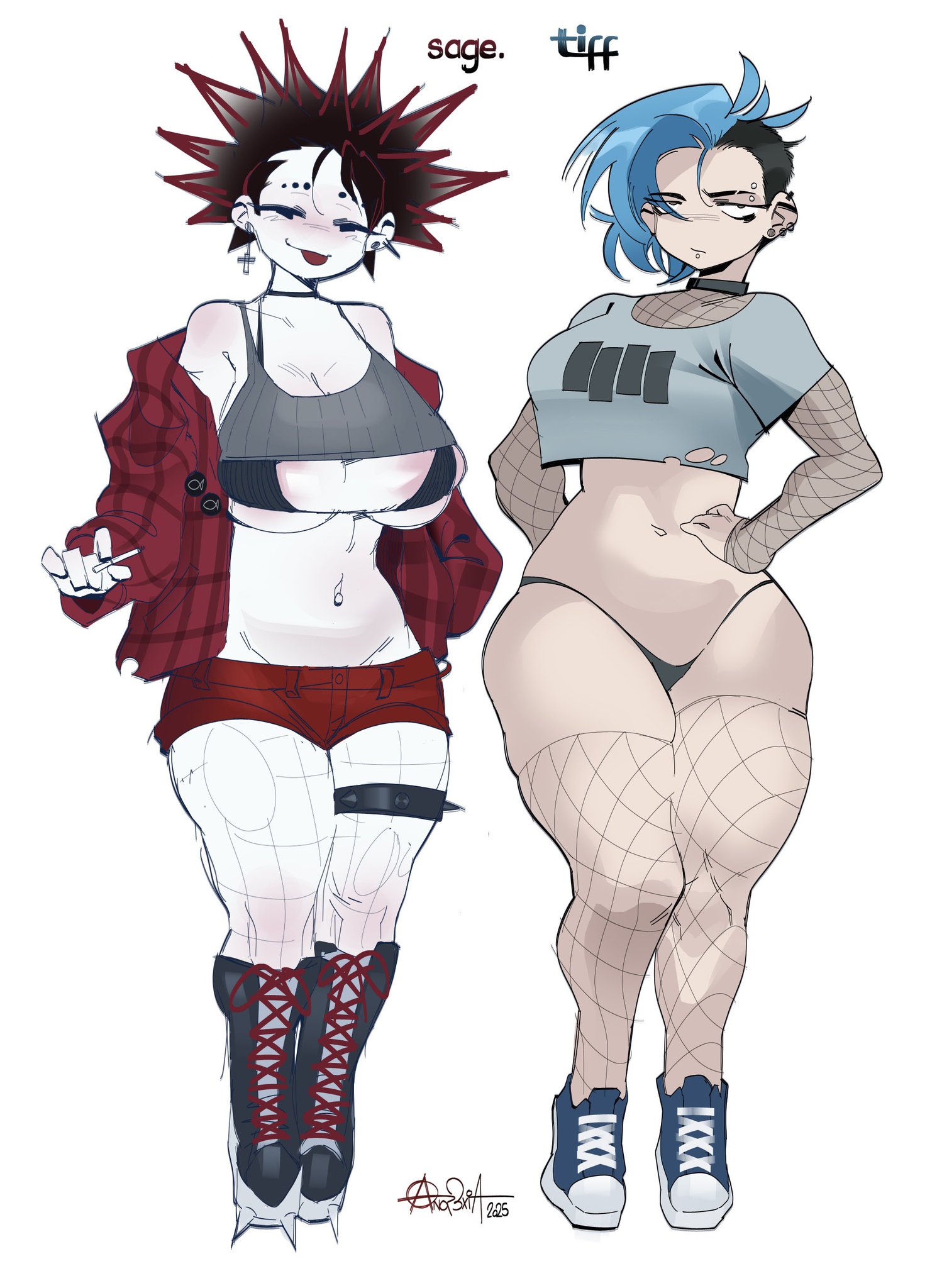 2d, 2d (artwork), 2d artwork, 2girls, anor3xia, ass, big ass, big breasts, big penis, bikini, bikini top, black flag, black thong, blue hair, blush, breasts, choker, digital drawing (artwork), digital media (artwork), drawing, drawn, duo, duo female, duo focus, female, first person view, fishnet armwear, fishnet legwear, fishnet stockings, fishnets, half-dressed, jean shorts, nipple piercing, no pants, original character, piercing, piercings, plaid clothes, punk, punk girl, punk hair, red hair, red shorts, sage (anor3xia), simple background, spiked hair, spiked legwear, spiky hair, tattoo, tattooed arm, thick thighs, thong, tiff (anor3xia), two tone hair