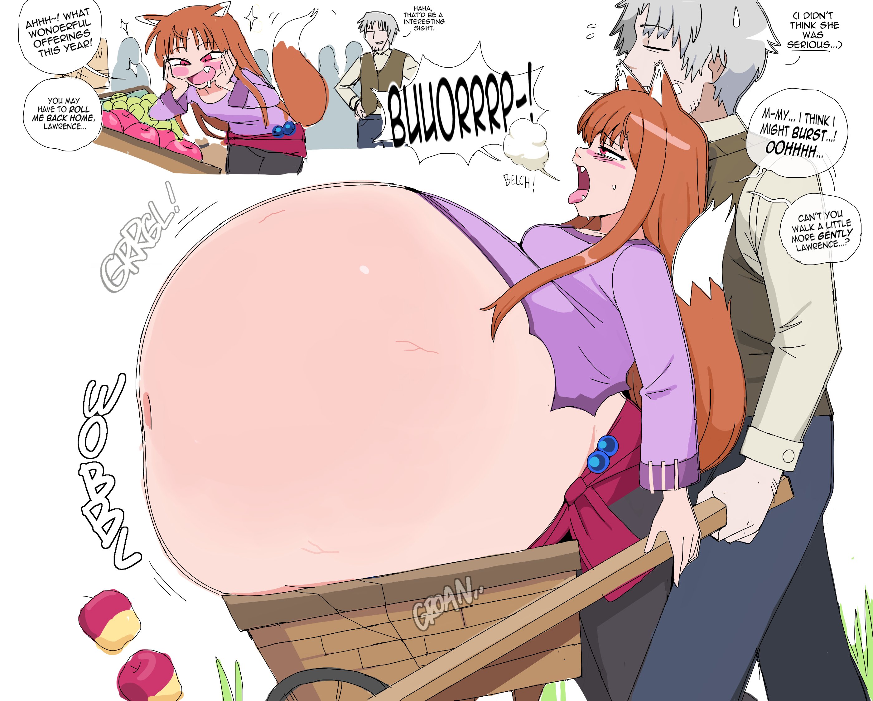 1boy, 1girls, belch, belching, belly expansion, big belly, brown hair, burp, burp fetish, burping, english text, fangs, female, female focus, groan, groaning, groaning belly, holo, huge belly, hyper, hyper belly, inflated belly, kemonomimi, kraft lawrence, lewdlemage, long hair, male, orange hair, overeating, spice and wolf, stuffing, torn clothes, wheelbarrow, wolf ears, wolf girl, wolf tail