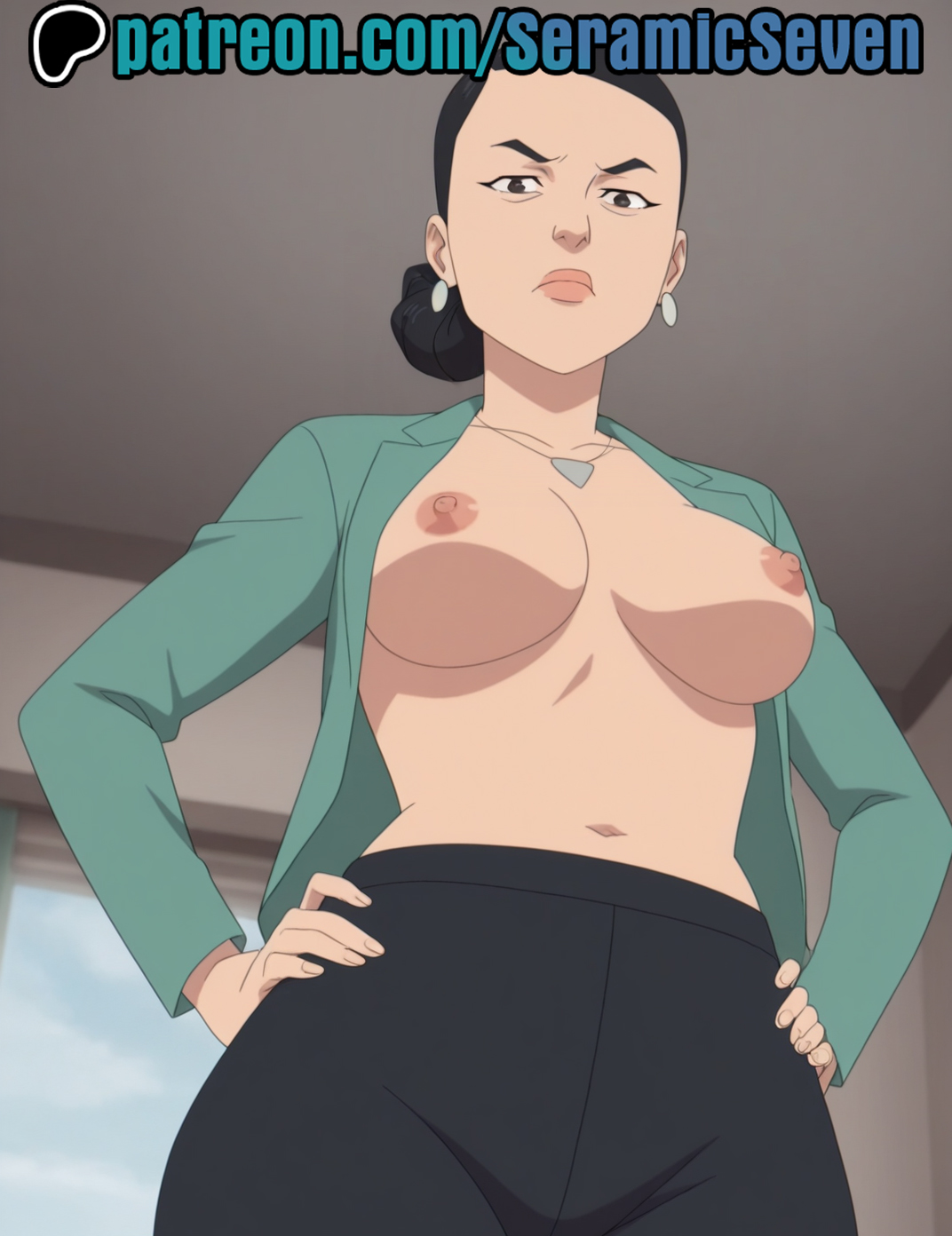 1female, 1girls, 2025, 2d, ai, ai generated, anime, anime style, annoyed, annoyed expression, annoyed face, asian, asian female, black hair, breasts, breasts out, debbie grayson, deborah grayson, female, female focus, female only, from below, hands on hips, invincible, invincible (tv series), light skin, light-skinned female, looking at viewer, mature female, milf, mommy, older female, seramic seven, short hair, solo, solo female, solo focus, tits out, uncensored, uncensored breasts, uncensored nipples