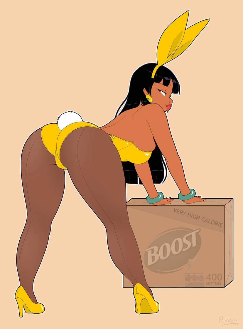 1girls, 2d, black hair, brown eyes, brown hair, bunny ears, bunnysuit, chel, chel (the road to el dorado), dated, heels, latex clothing, part of a set, playboy bunny, puhba, signature, the road to el dorado, weight gain