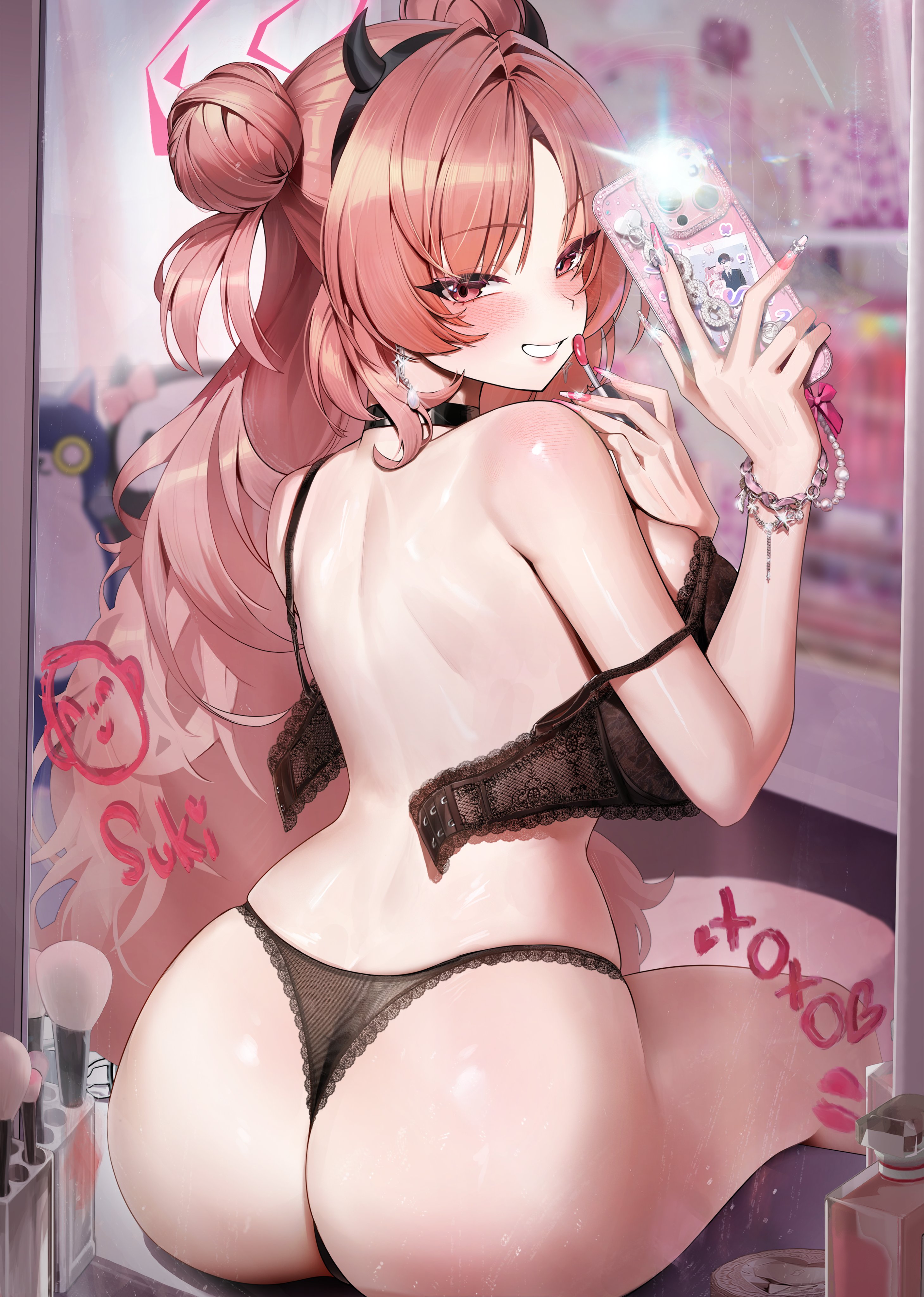 absurdres, applying makeup, applying own makeup, ass, black bra, black choker, black panties, blue archive, bra, bracelet, breasts, camera flash, cellphone, chochomi, choker, doodle sensei (blue archive), double bun, earrings, fake horns, female, fluffy hair, from behind, hair bun, halo, highres, holding, holding phone, horns, jewelry, kirara (blue archive), large breasts, lipstick, long hair, makeup, mirror, mirror selfie, nail polish, open bra, panties, phone, red eyes, red hair, selfie, sensei (blue archive), solo, underwear