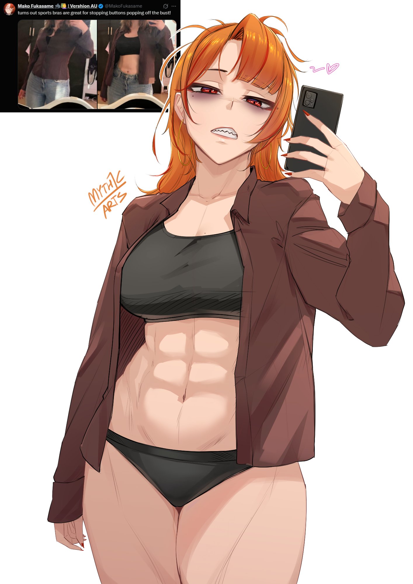 1girls, abs, based on a real person, eye bags, eyebags, female, female only, light skin, light-skinned female, mako fukasame, medium breasts, myth1c, myth1carts, reference image, selfie, solo, tired, virtual youtuber