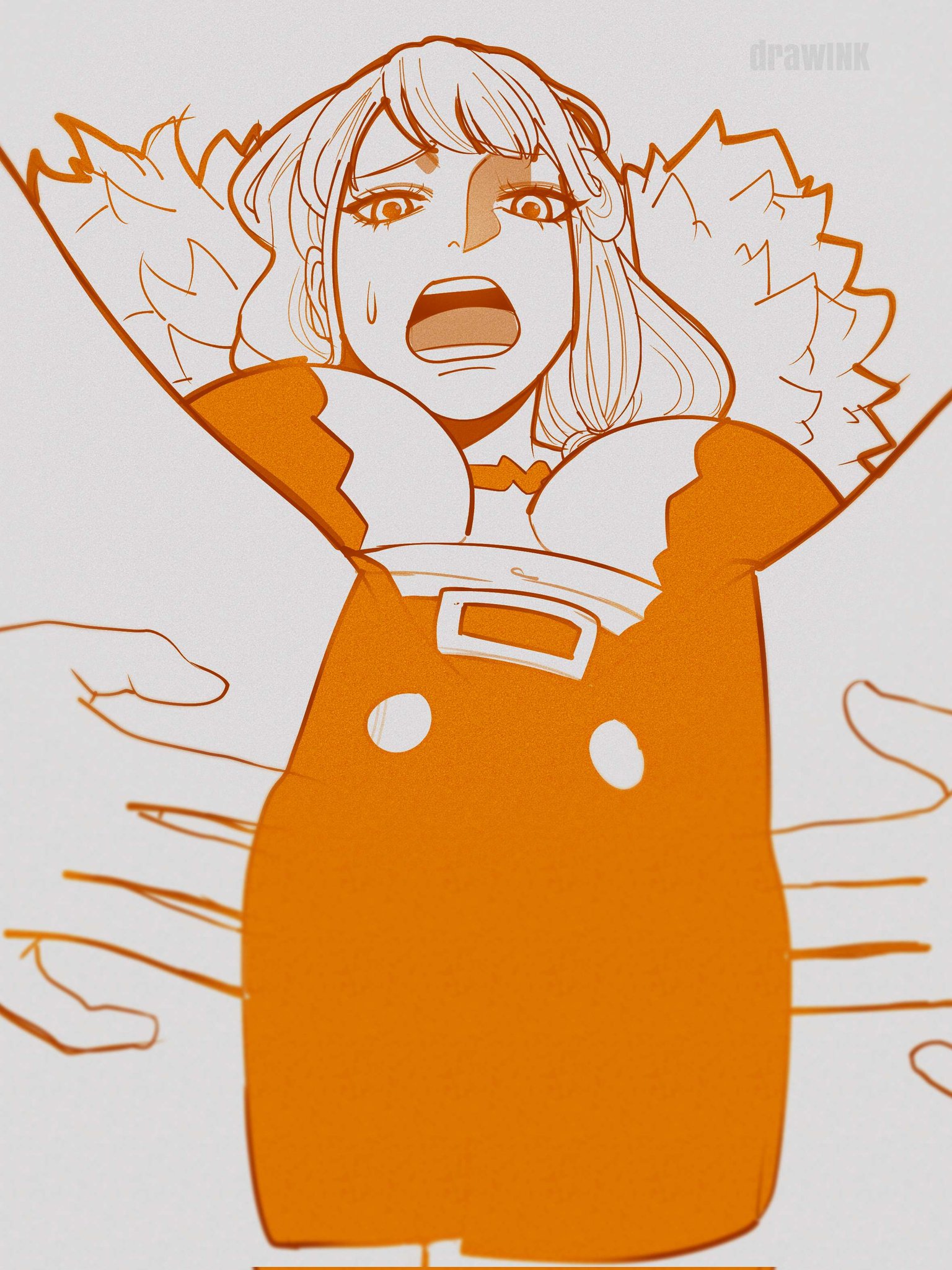 1girls, big breasts, breasts, busty, cleavage, covered pussy, curvy, drawink, female, female only, nami (one piece), on back, one piece, one piece: elbaf arc, open mouth, presenting, presenting pussy, solo, spread legs, sweatdrop