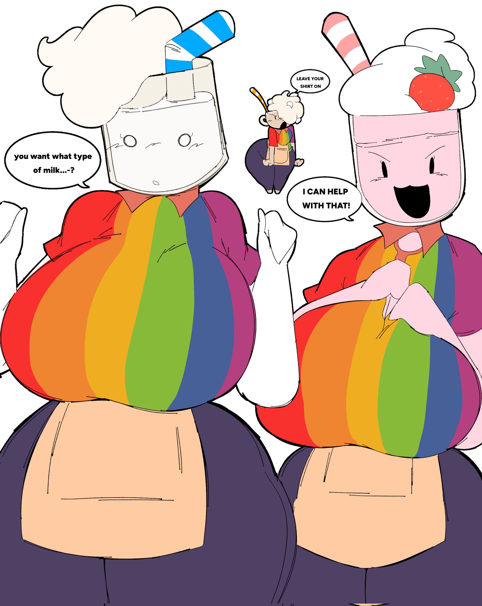 1boy, 2girls, berri (managerfry), big ass, cocoa (managerfry), dairy (managerfry), eager, female, femboy, managerfry, massive breasts, sketch, wanting breastmilk, wide hips