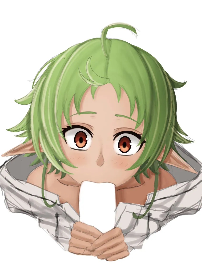 1boy, 1girls, age difference, blowjob, blowjob face, brown eyes, elf, elf ears, elf female, elf girl, green hair, large penis, meacl, mushoku tensei, mushoku tensei: isekai ittara honki dasu, older male, older male and younger female, surprised, surprised expression, sylphiette (mushoku tensei), young, young female, younger female