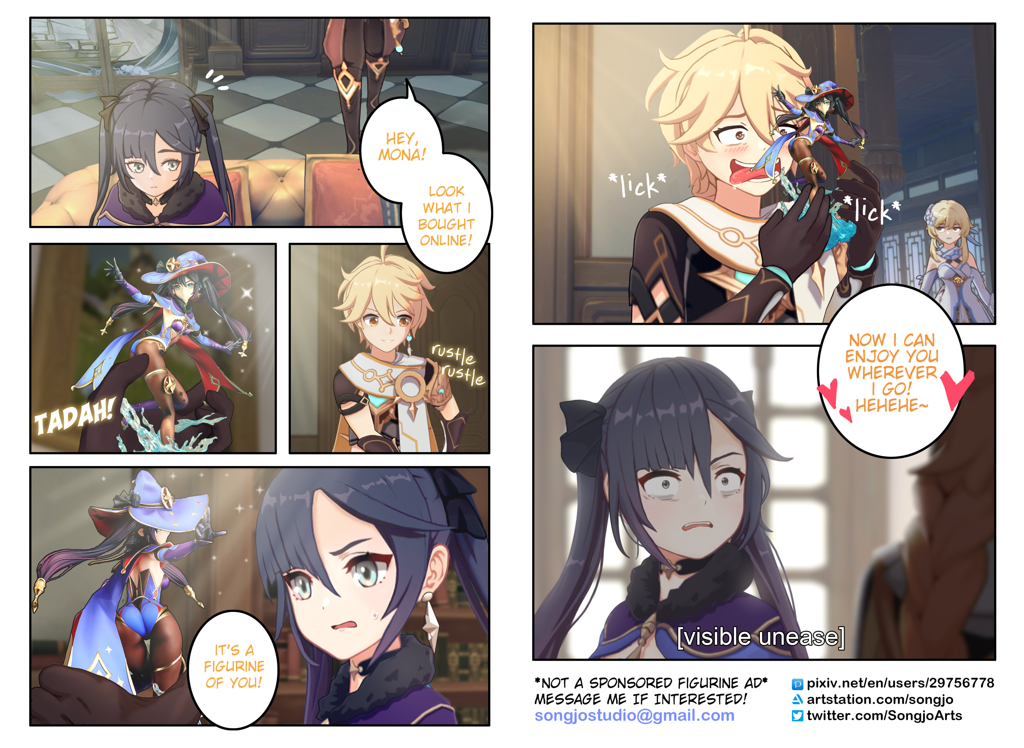 1boy, 2girls, aether (genshin impact), ass, blush, brother and sister, bubble ass, comic, crossover, english text, female, figurine, funny, genshin impact, heart, hi res, house, hoyoverse, indoors, leotard, licking, light-skinned female, light-skinned male, lumine (genshin impact), male, mihoyo, model, mona (genshin impact), mushoku tensei, open mouth, pantyhose, pervert, smile, songjo, speech bubble, surprised, sweatdrop, tongue, tongue out, toy, twintails, watermark, wide eyed