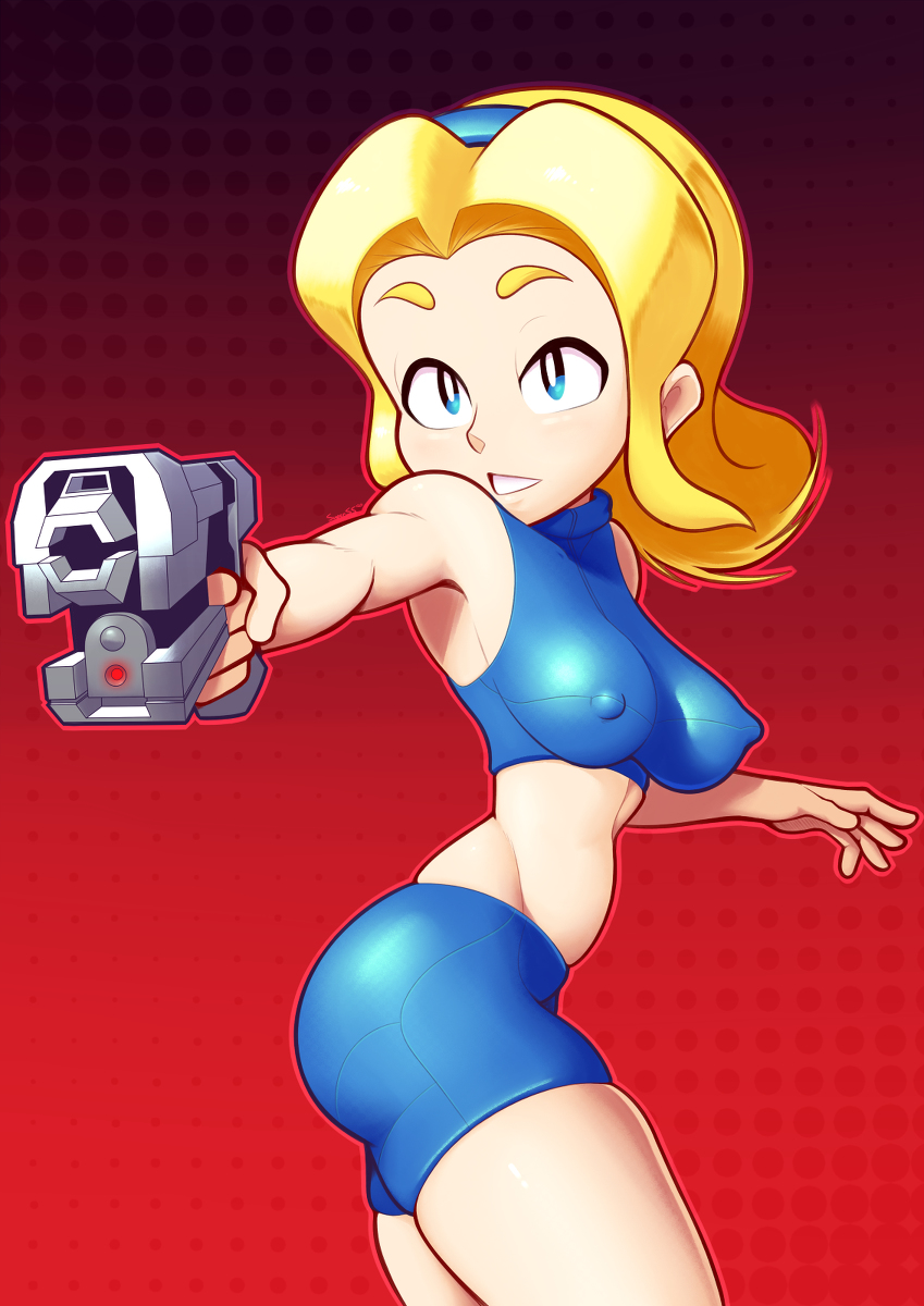 alternate_breast_size alternate_costume blonde_hair blue_eyes blue_shorts bra casual_outfit_(metroid) cosplay firearm gun handgun maria_robotnik metroid midriff midriff_baring_shirt nintendo nipple_bulge samus_aran_(cosplay) sega shorts sonic_(series) sonic_adventure_2 sonic_the_hedgehog_(series) supersegasonicss thighs weapon