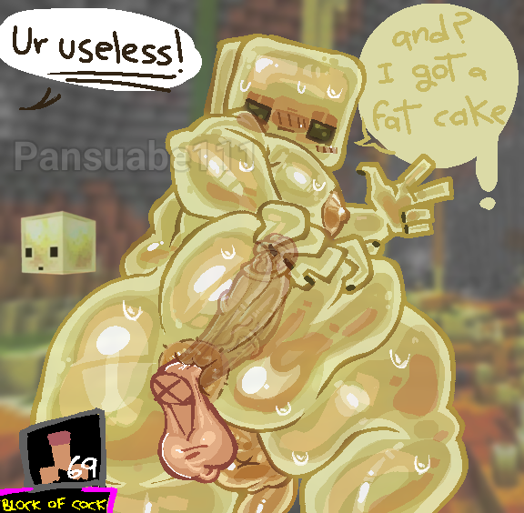 1boy, anal sex, anus, ass, big ass, big butt, completely nude, completely nude male, male, male only, male/male, manboobs, minecraft, overweight male, pansuabe111, presenting anus, presenting ass, puffy anus, simple background, slime, sulfur cube (minecraft), sweat, sweatdrop, testicles, v sign