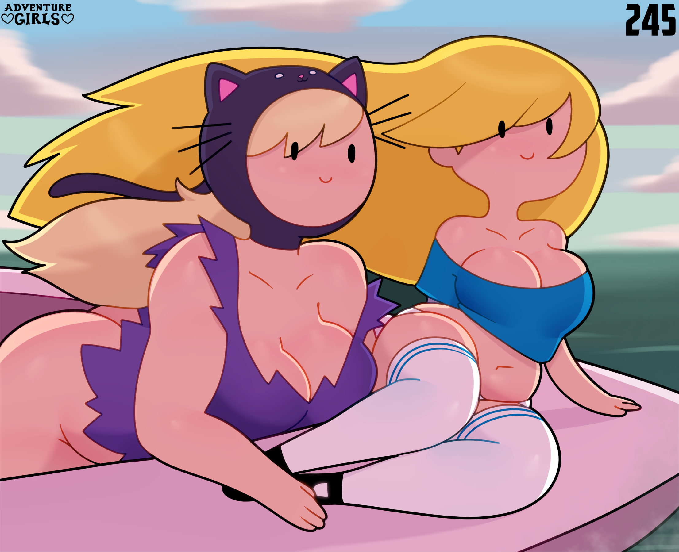 2girls, adventure girls, adventure time, ass, big breasts, blonde hair, breasts, cleavage, female, female only, fionna the human girl, hat, highres, long hair, mob face, navel, panties, smile, somescrub, stockings, susan strong, thick thighs