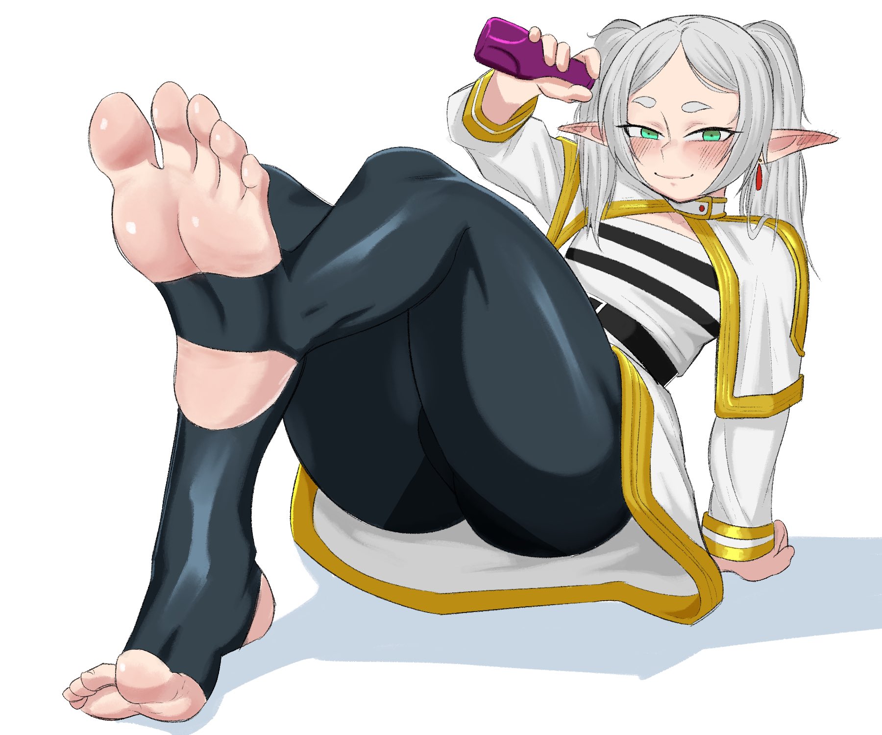 1girls, barefoot, black pantyhose, blush, edge zero, feet, frieren, green eyes, long hair, long sleeves, looking at viewer, pantyhose, pointy ears, sitting, smile, soles, solo, sousou no frieren, tagme, thick thighs, thighs, toeless legwear, toes, white hair