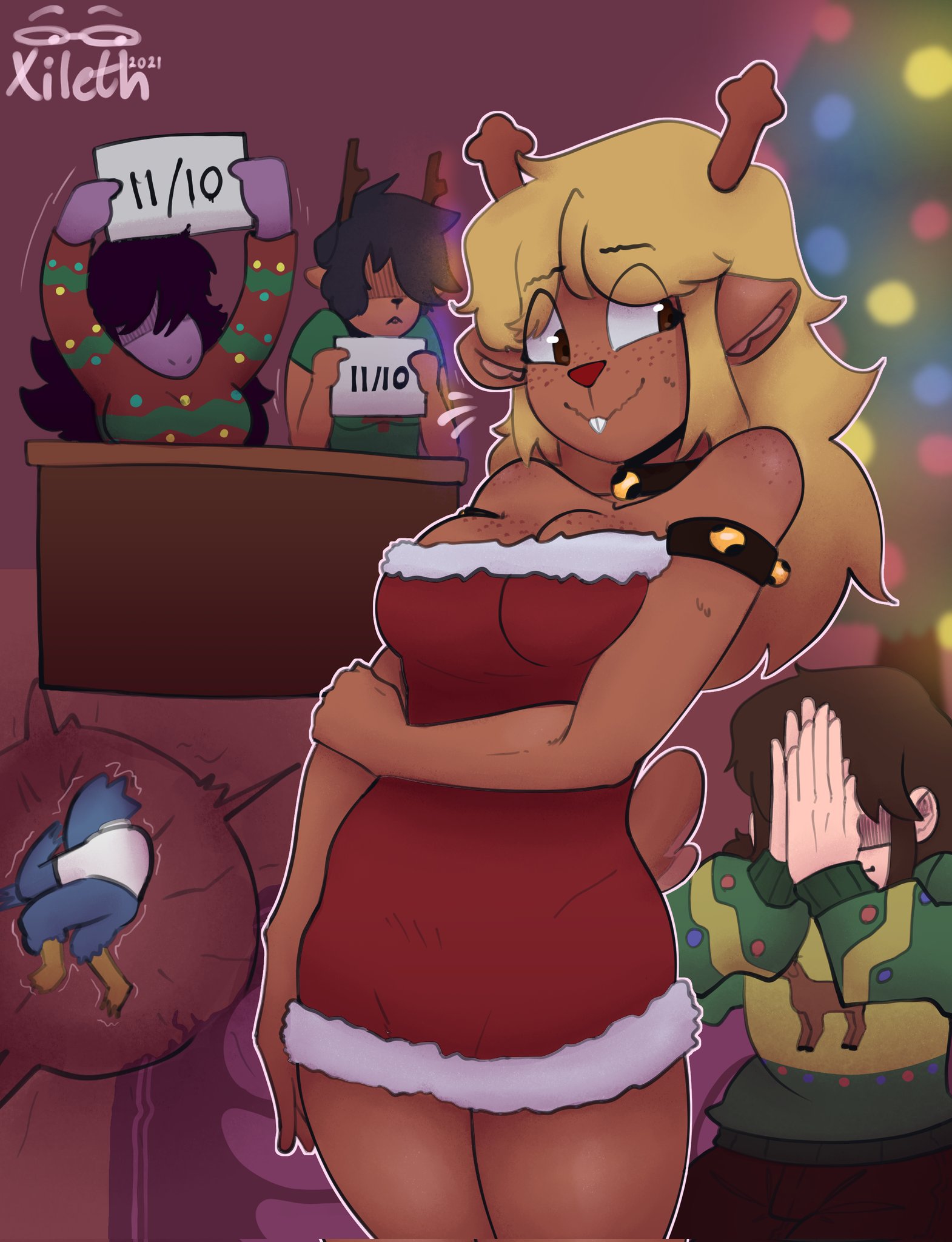 2021, anthro, antlers, avian, berdly, bird, breasts, christmas, christmas clothing, costume, cute, deer, deltarune, dess holiday, female, female focus, human, kris (deltarune), lizard, mammal, new world deer, noelle holiday, reindeer, reptile, scalie, suggestive, suggestive look, susie (deltarune), undertale (series), zytkal