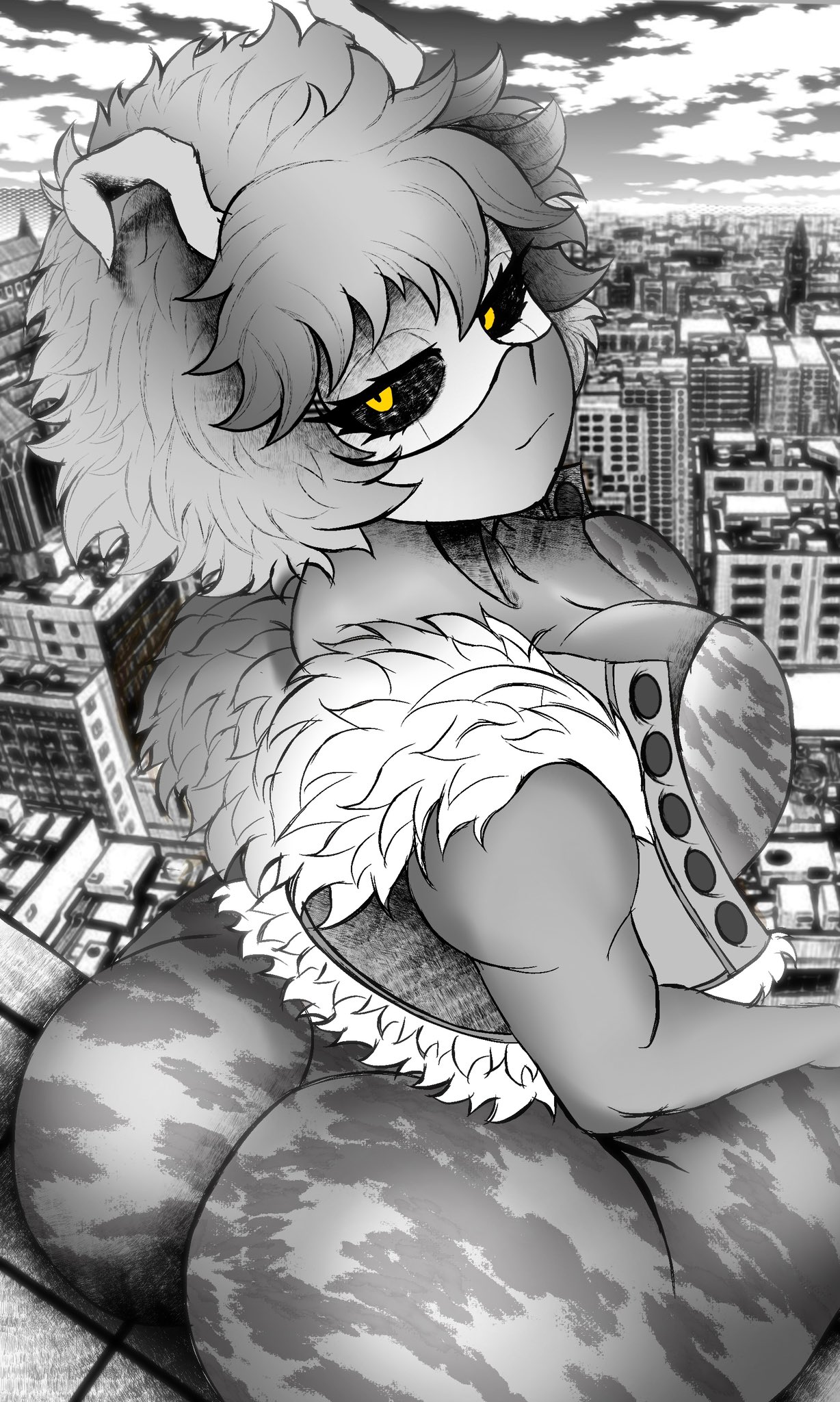 1girls, big ass, big breasts, black sclera, breasts, curvy, curvy body, curvy female, curvy figure, fur trim, greyscale, hero outfit (mha), horns, kwalker1009, looking at viewer, looking back, mina ashido, monochrome, my hero academia, outdoors, peace sign, sfw, short hair, solo, spot color, teenager, winking at viewer, yellow eyes
